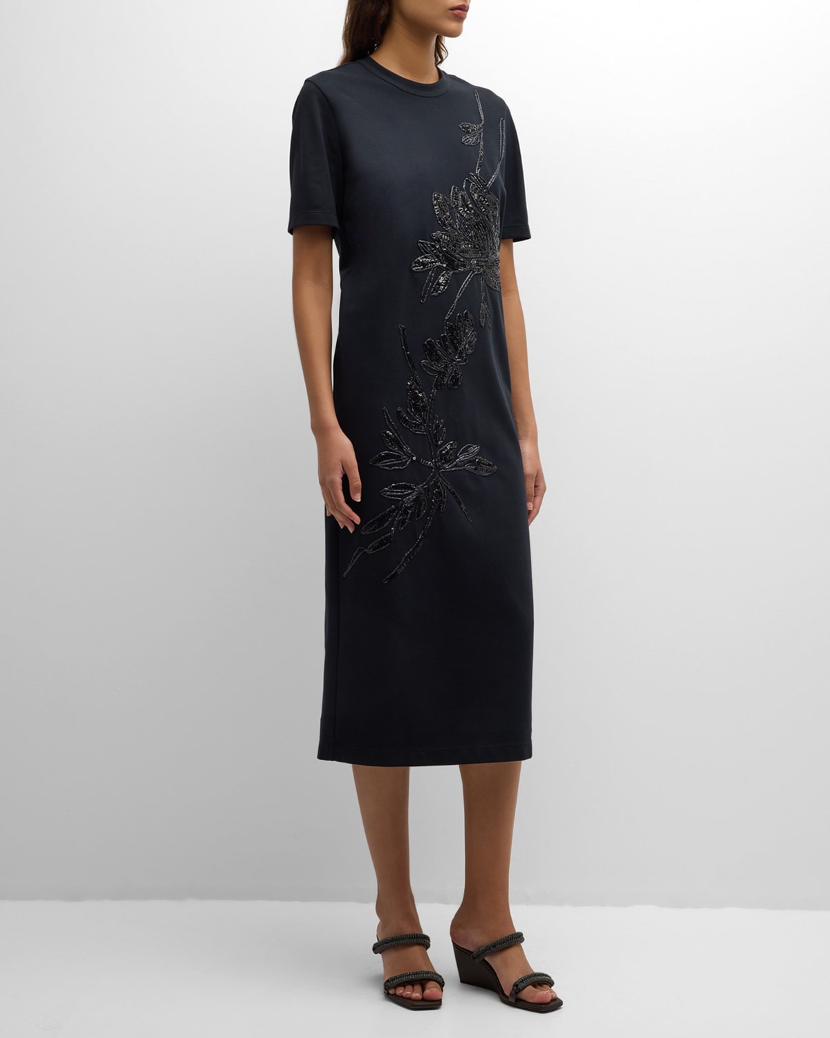 Shop Brunello Cucinelli Couture Felpa Midi Dress With Raffia Magnolia Flower In C101 Black