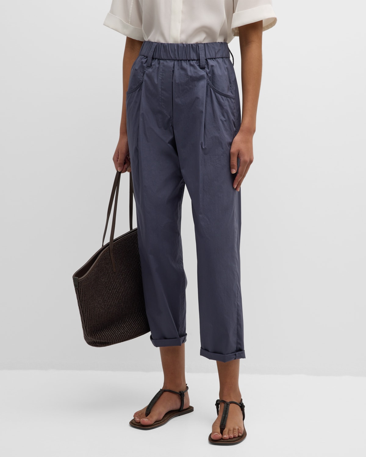 Shop Brunello Cucinelli Mid-rise Crinkle Cotton Straight-leg Ankle Pull-on Pants In C8901 Night Sky