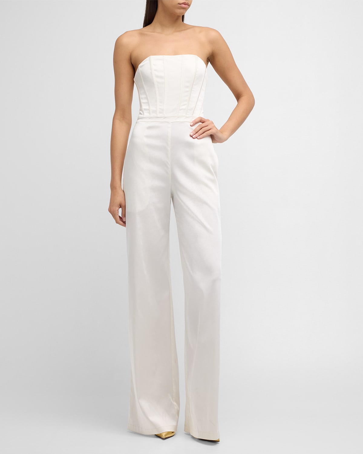 Shop Ramy Brook Mira Strapless Satin Jumpsuit In Ivory