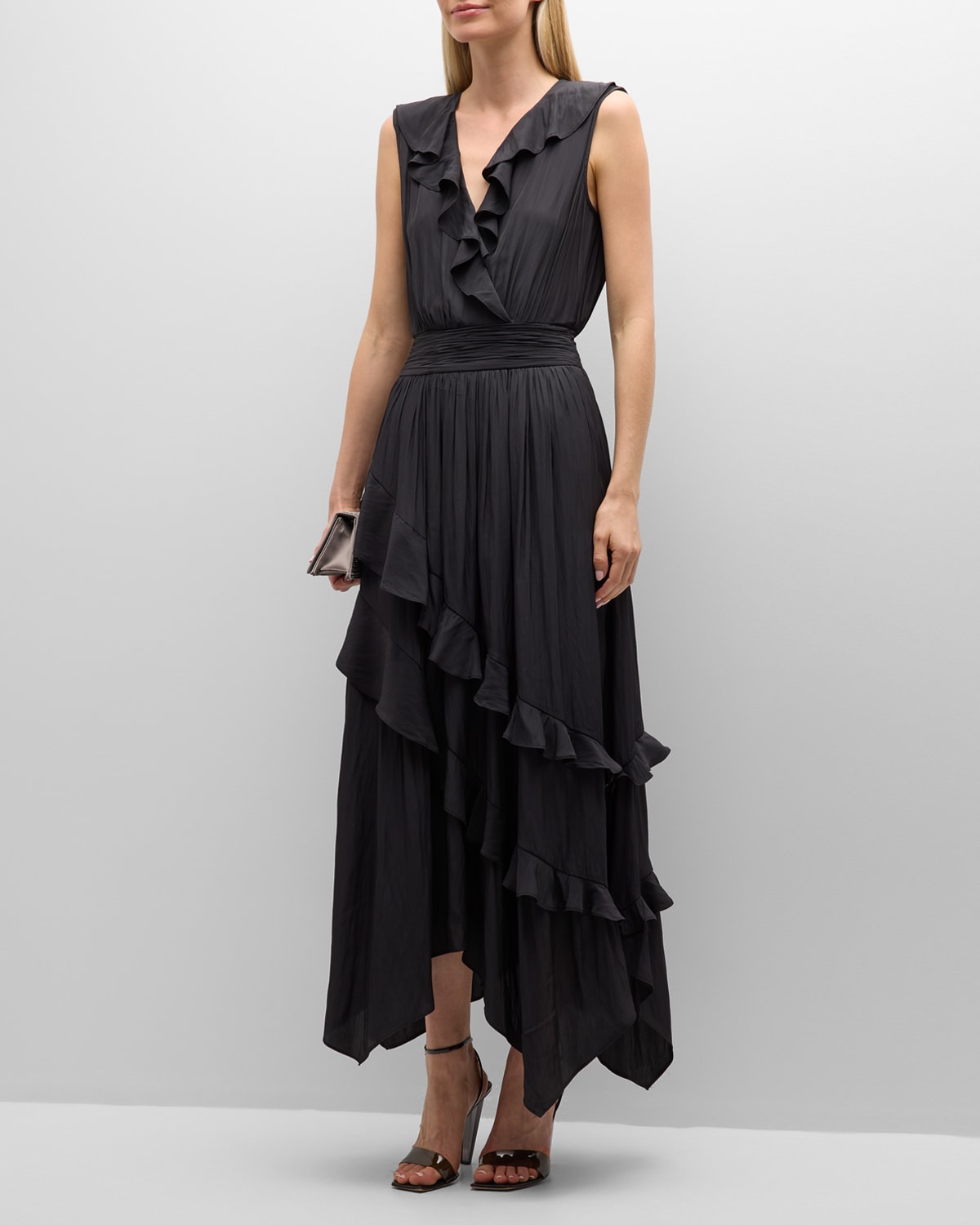 Shop Ramy Brook Hadlee Ruffled Sleeveless High-low Maxi Dress In Black