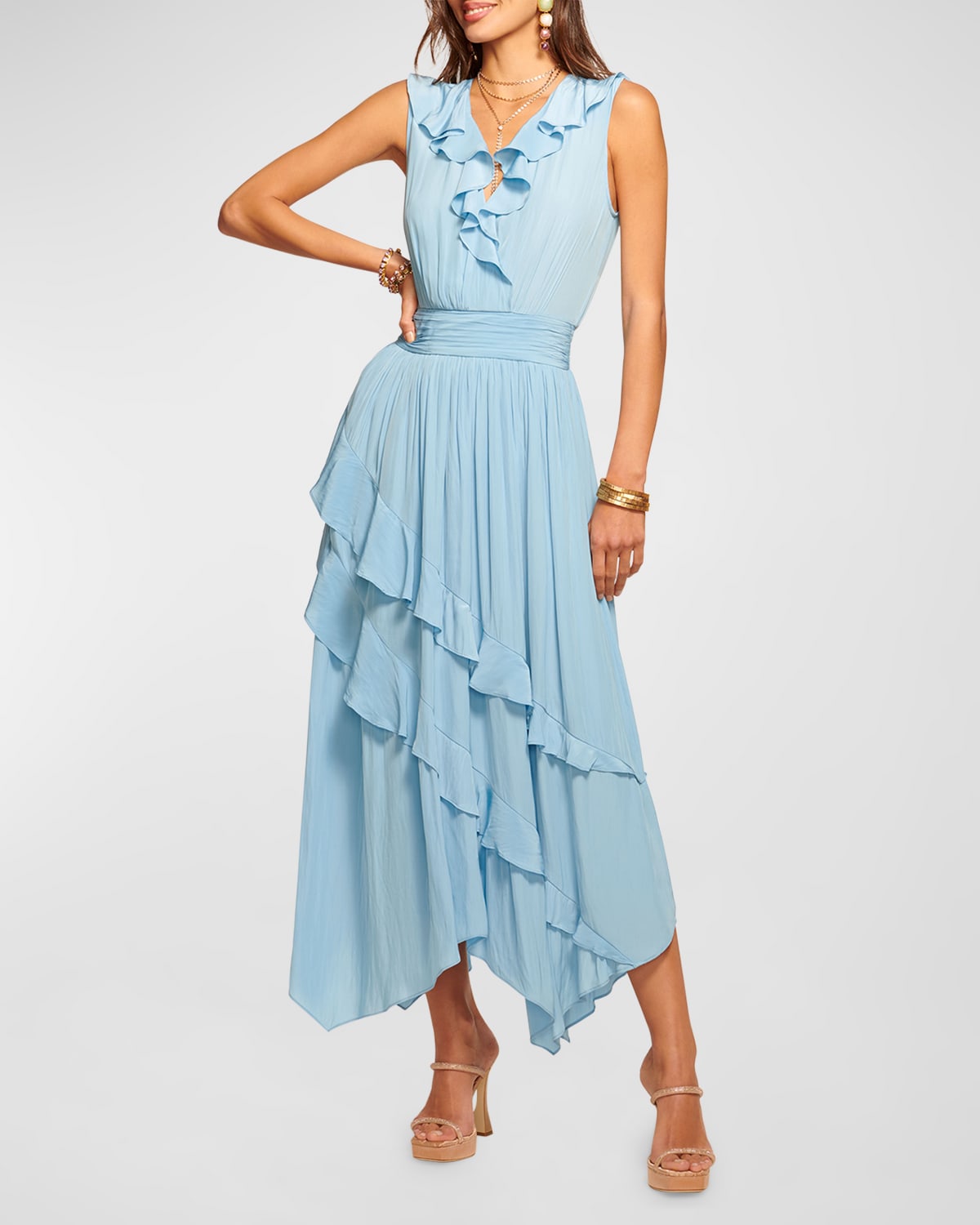 Shop Ramy Brook Hadlee Ruffled Sleeveless High-low Maxi Dress In Blue Quartz