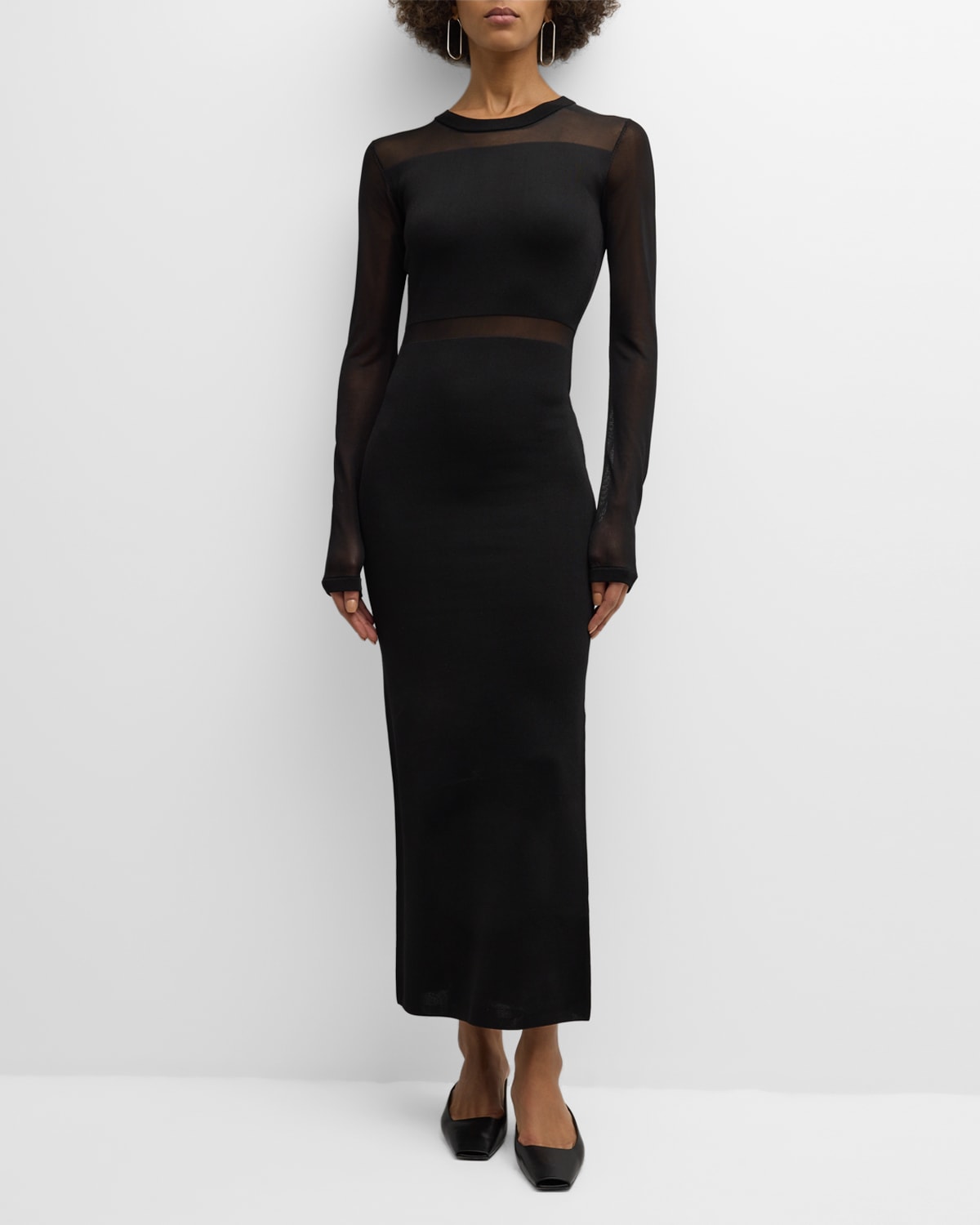 Semi Sheer Knit Cutout Long-Sleeve Maxi Dress