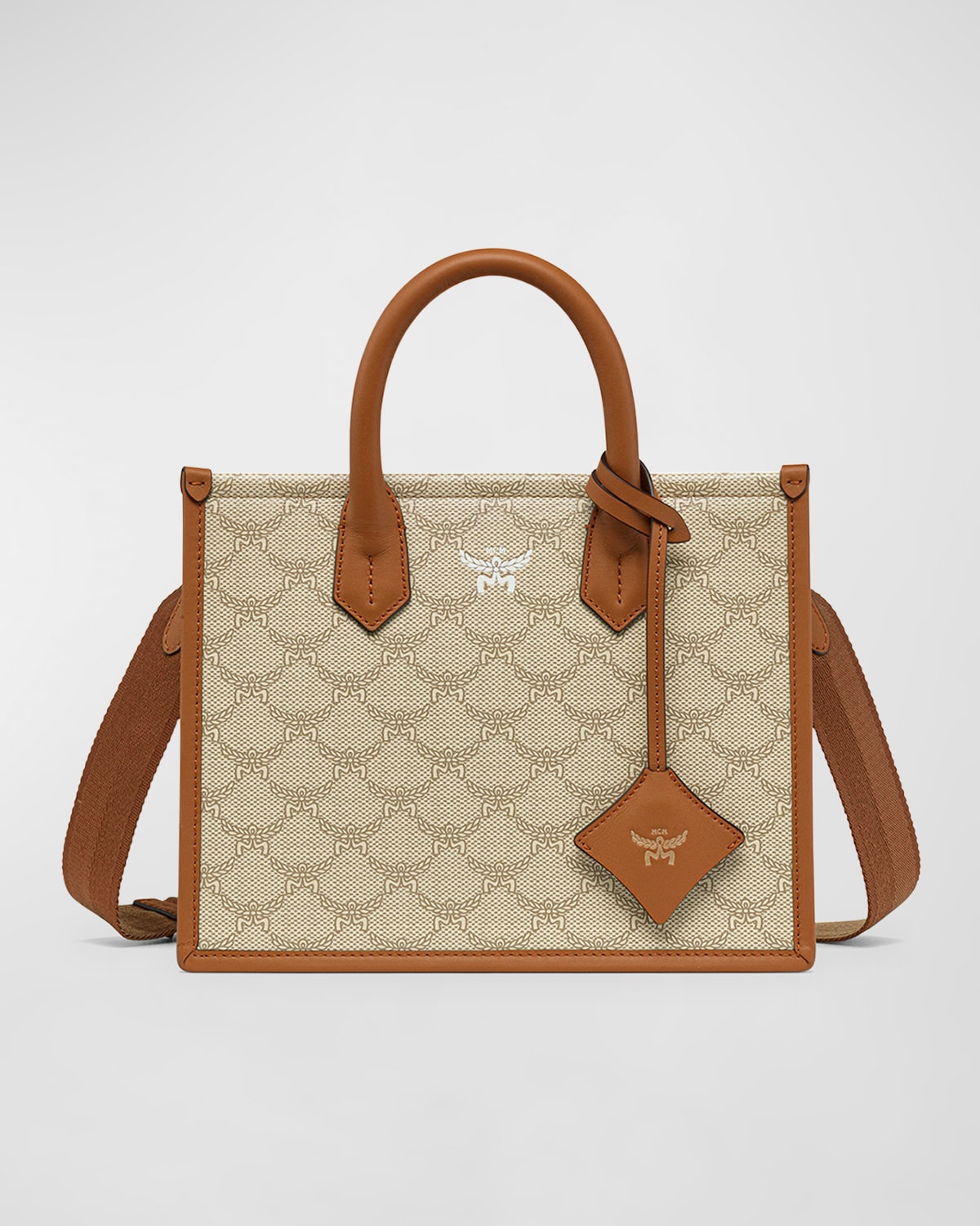 Mcm Lauretos Monogram Canvas Tote Bag In Oatmeal