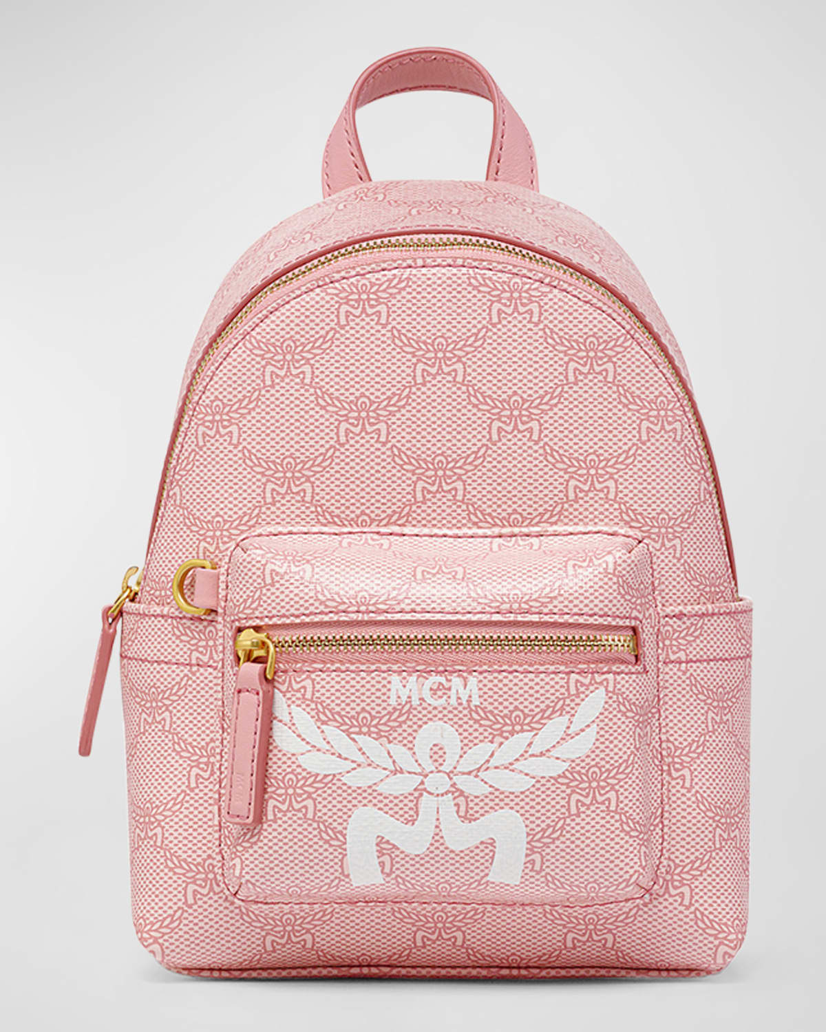 Mcm Stark Monogram Coated Canvas Backpack In Silver/pink