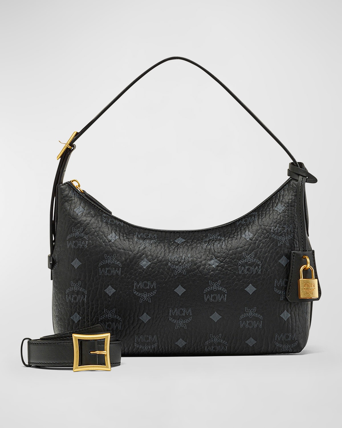 Mcm Aren Visetos Monogram Hobo Bag In Black