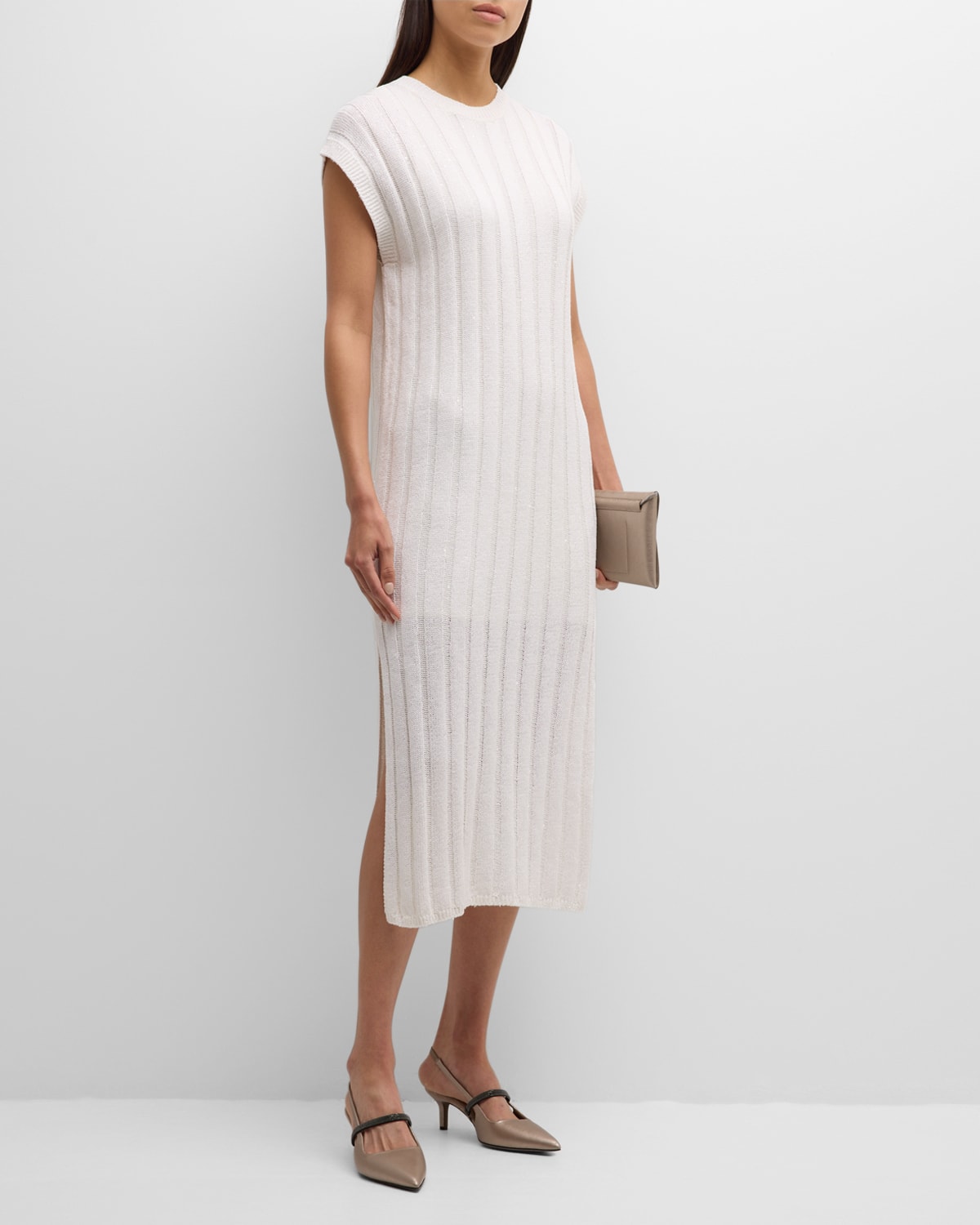 Shop Brunello Cucinelli Paillette Rib Knit Cap-sleeve Midi Dress In Cj159 White