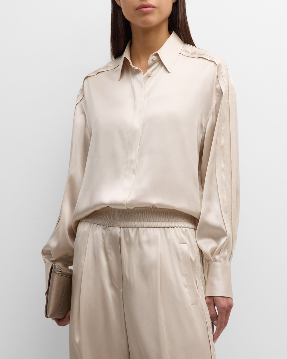 Satin Tunic Button-Front Shirt with Sequin Detail