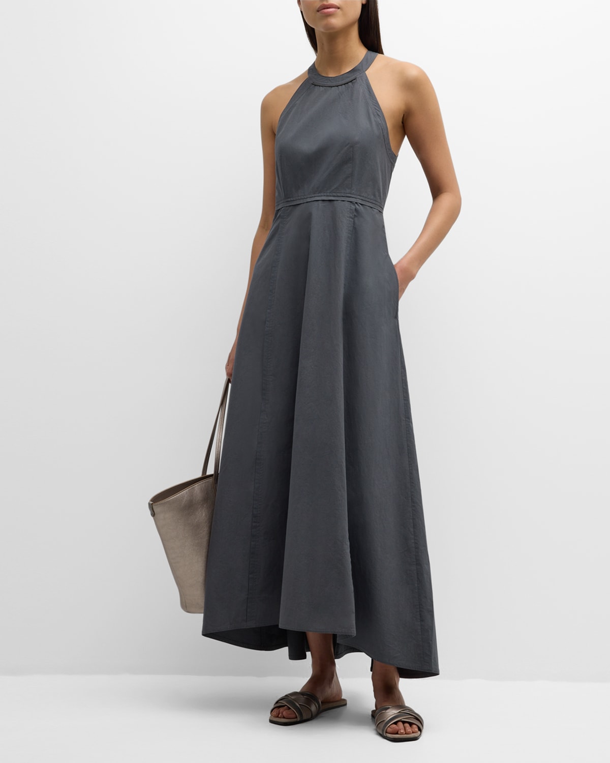 Shop Brunello Cucinelli Crinkle Cotton Maxi Dress With Monili Collar In C651 Lignite