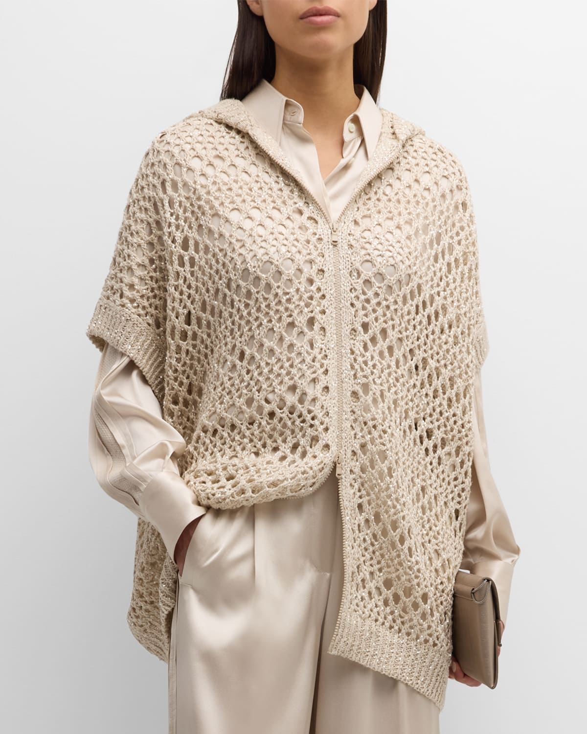 Shop Brunello Cucinelli Open-weave Knit Sweater Coat With Paillette Detail In C9437 White Beige