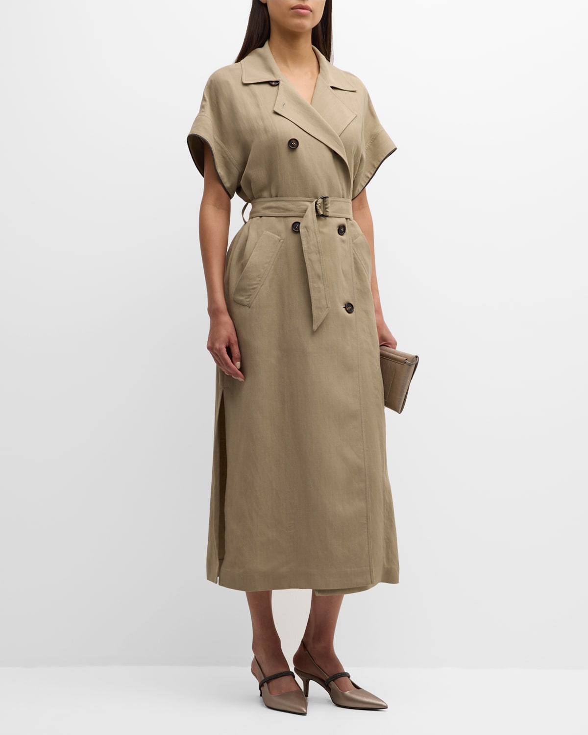 Shop Brunello Cucinelli Cotton Canvas Cargo Coat Dress With Monili Trim In C8576 Medium Brown