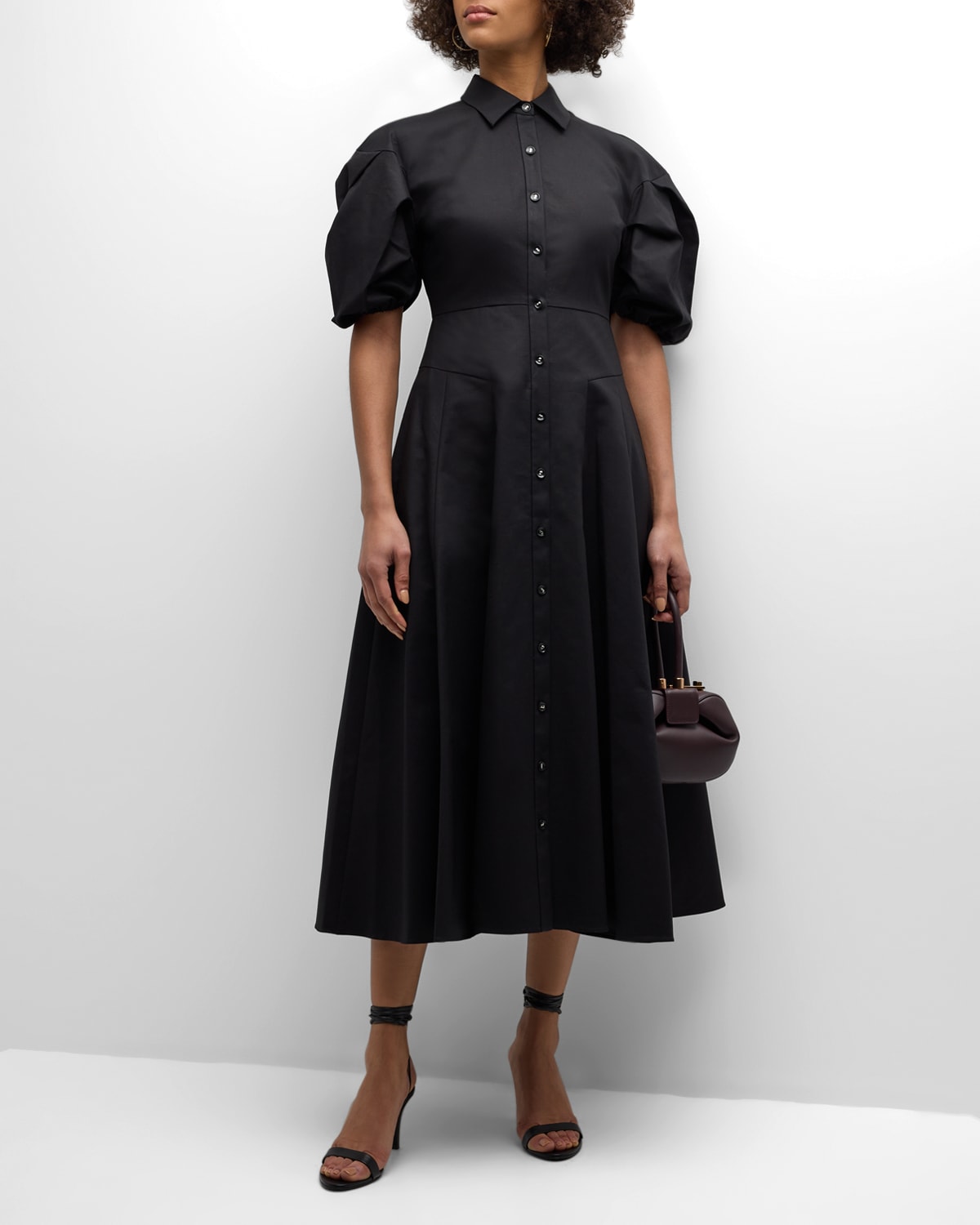 Shop Alexis Amilya Puff-sleeve Fit & Flare Midi Shirt Dress In Black