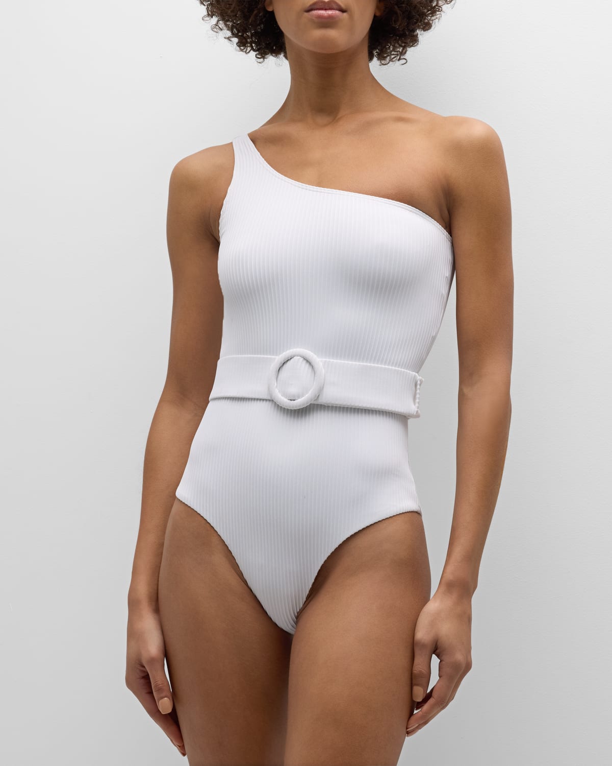Shop Alexandra Miro Davina Asymmetric Belted One-piece Swimsuit In White Rib