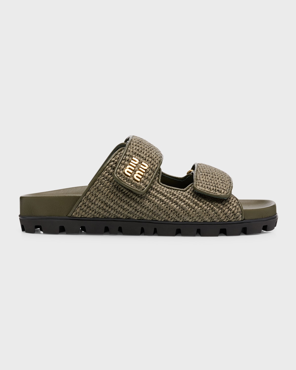 Miu Miu Raffia Dual-grip Comfort Sandals In Olive