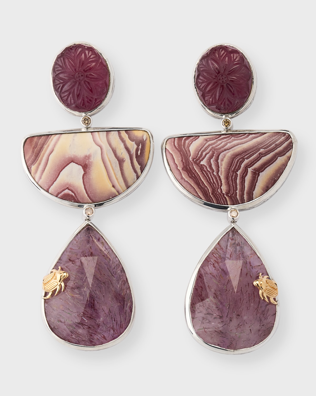 Hand-Carved Smoky Quartz, Ruby Jasper and Strawberry Quartz Earrings with Champagne Diamonds