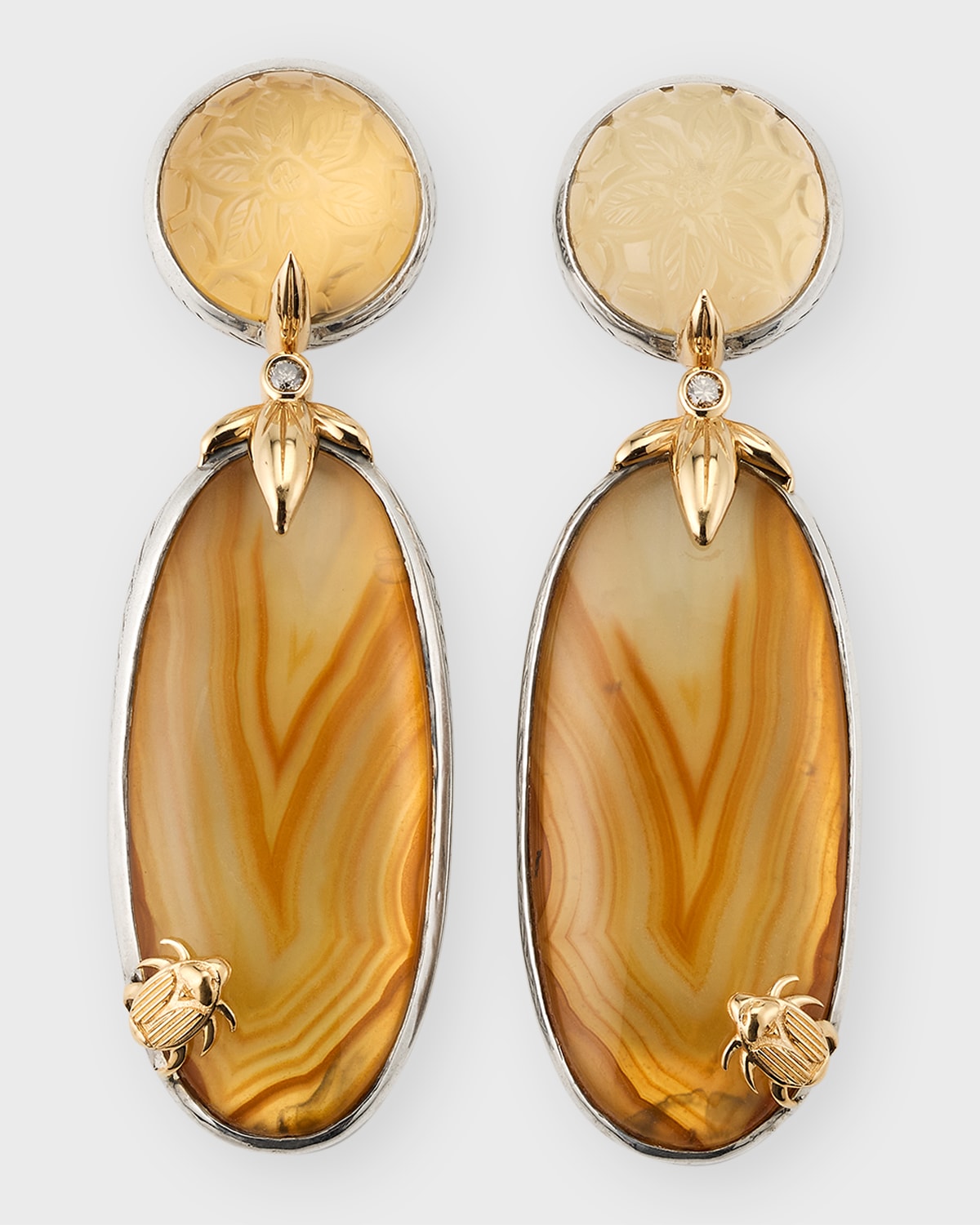 Hand Carved Moonstone Natural Quartz Agate and Champagne Diamond Earrings