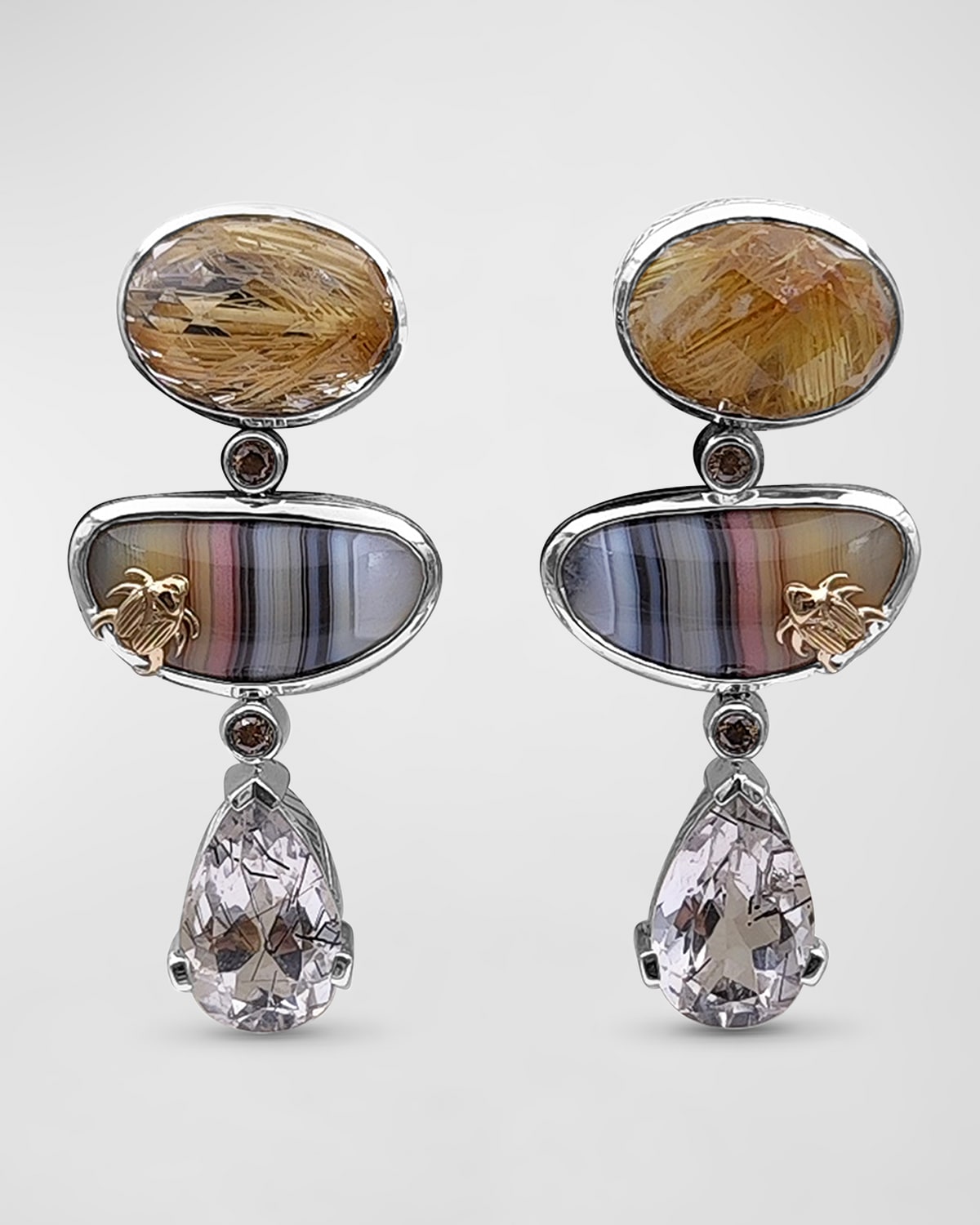 Rutilated Quartz, Jasper and Champagne Diamond Drop Earrings