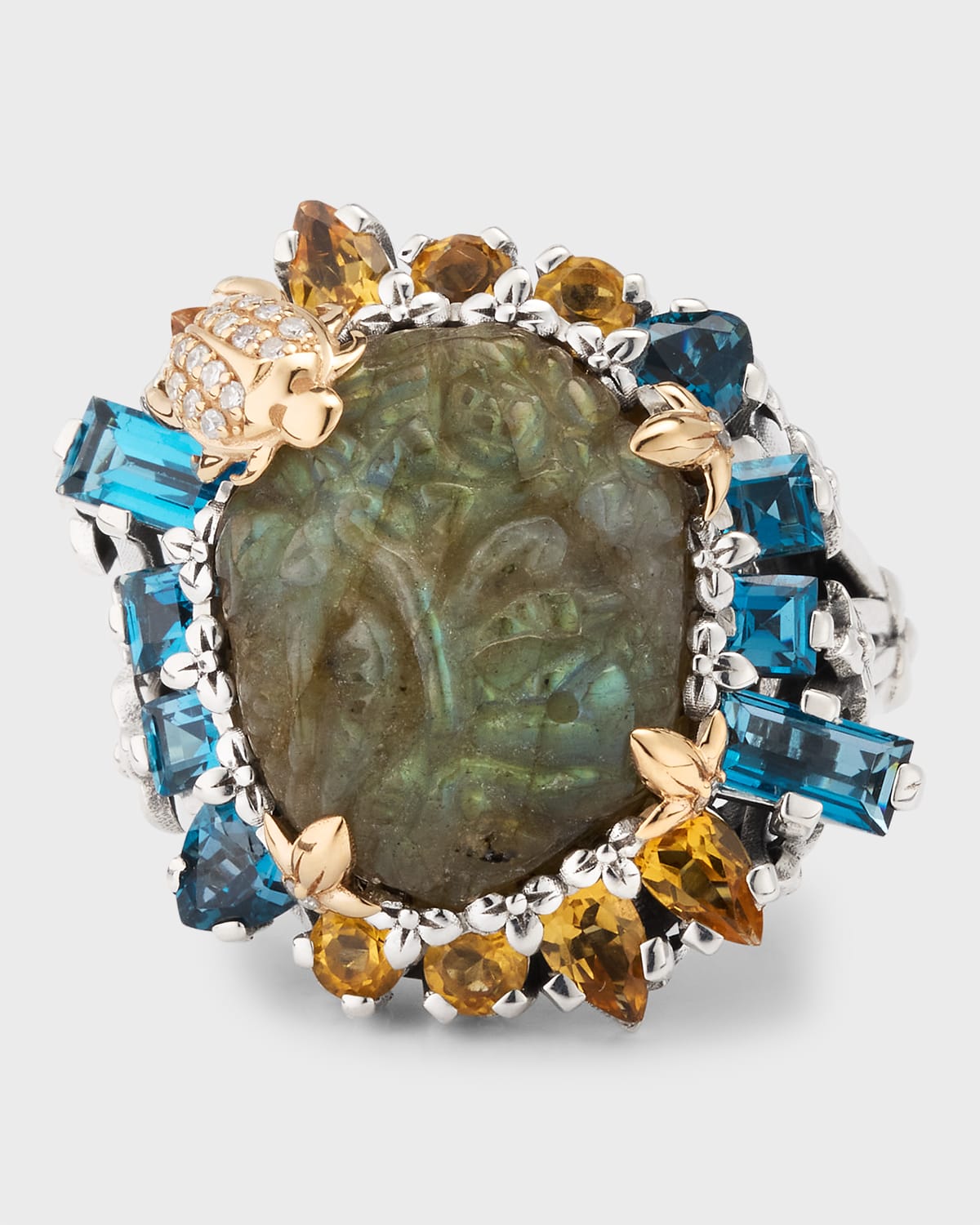 Hand Carved Labradorite, London Blue Topaz and Citrine Ring