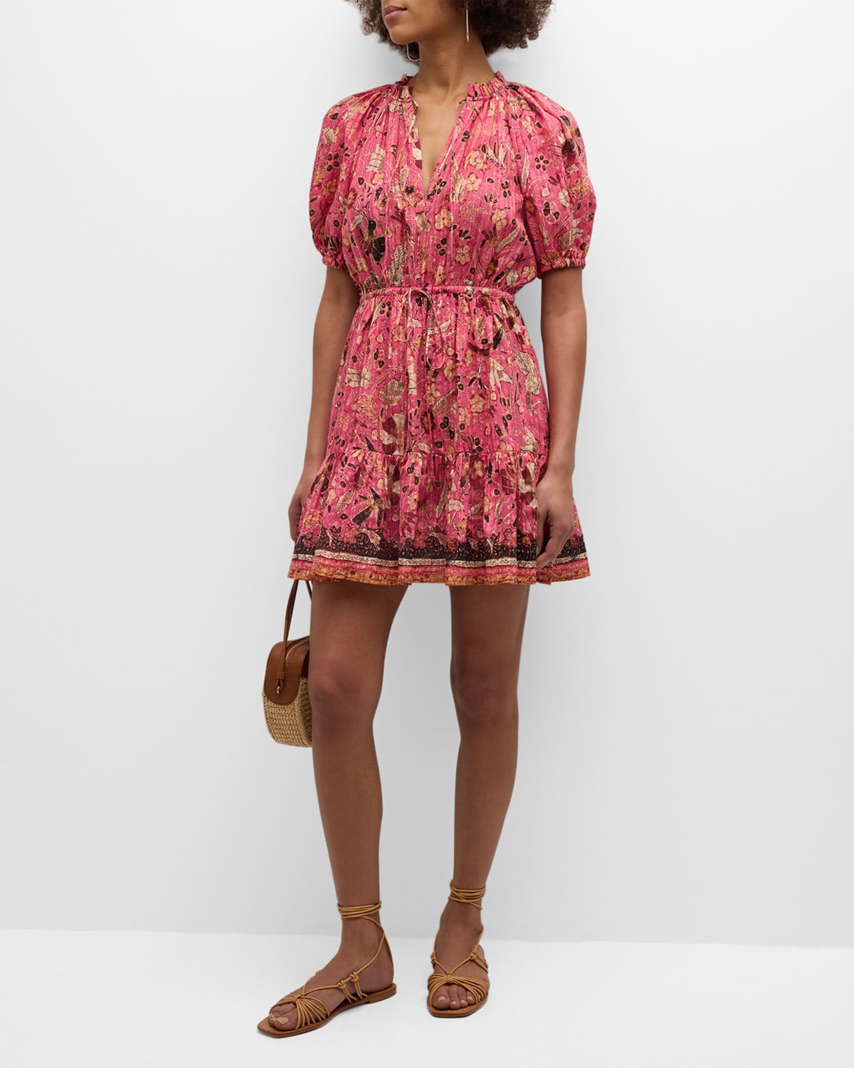 Shop Ulla Johnson Sanna Puff-sleeve Tiered Drawstring Mini Dress In Hollyhock
