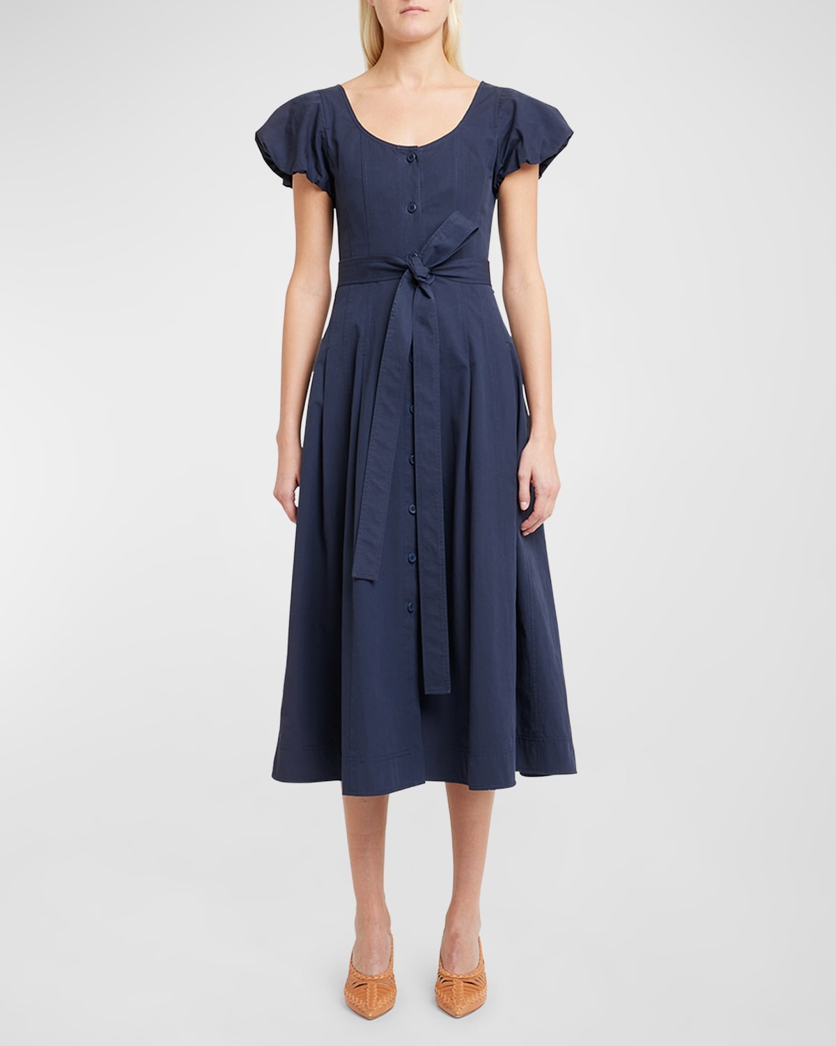 Shop Ulla Johnson Rhea Puff-sleeve Belted Midi Poplin Dress In Midnight