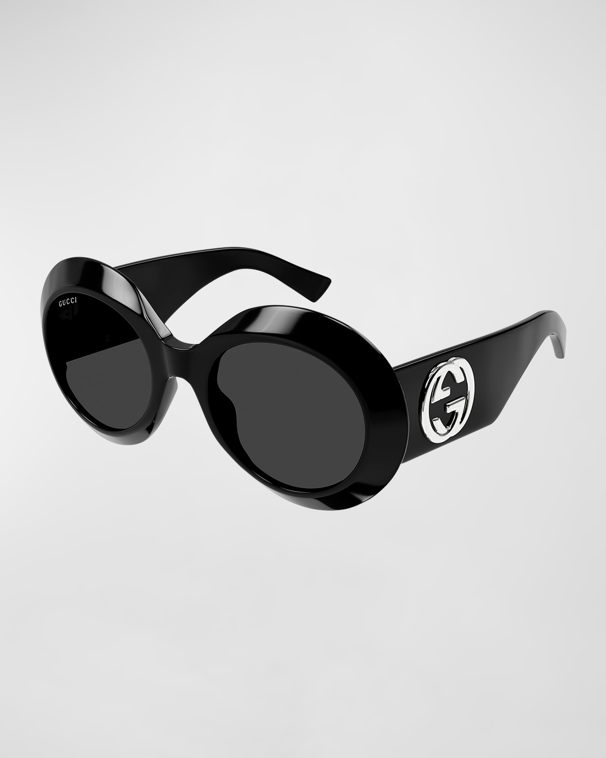 Shop Gucci Beveled Acetate Round Sunglasses In Shiny Solid Black