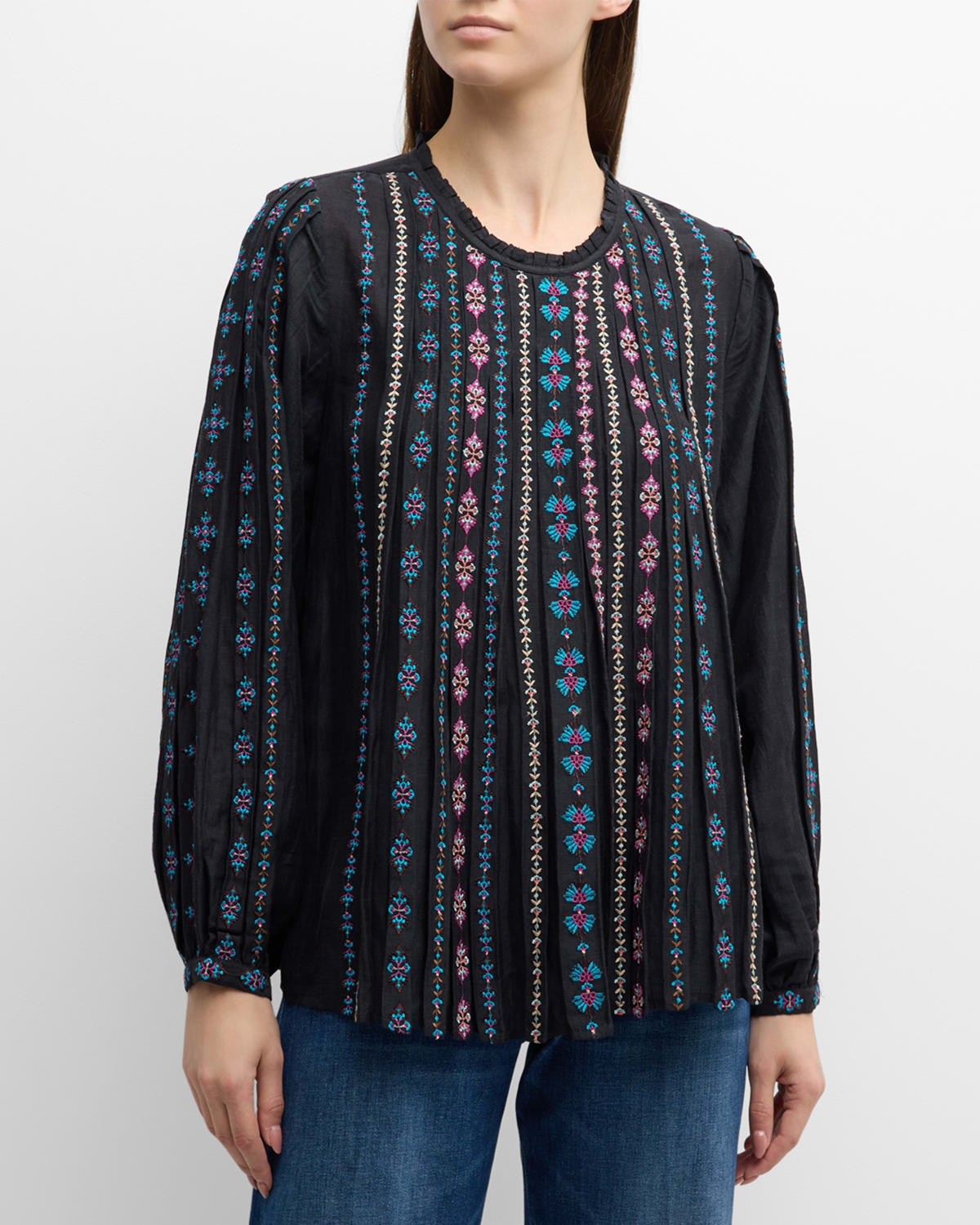 Calico Pleated Embroidered Ruffle-Trim Blouse