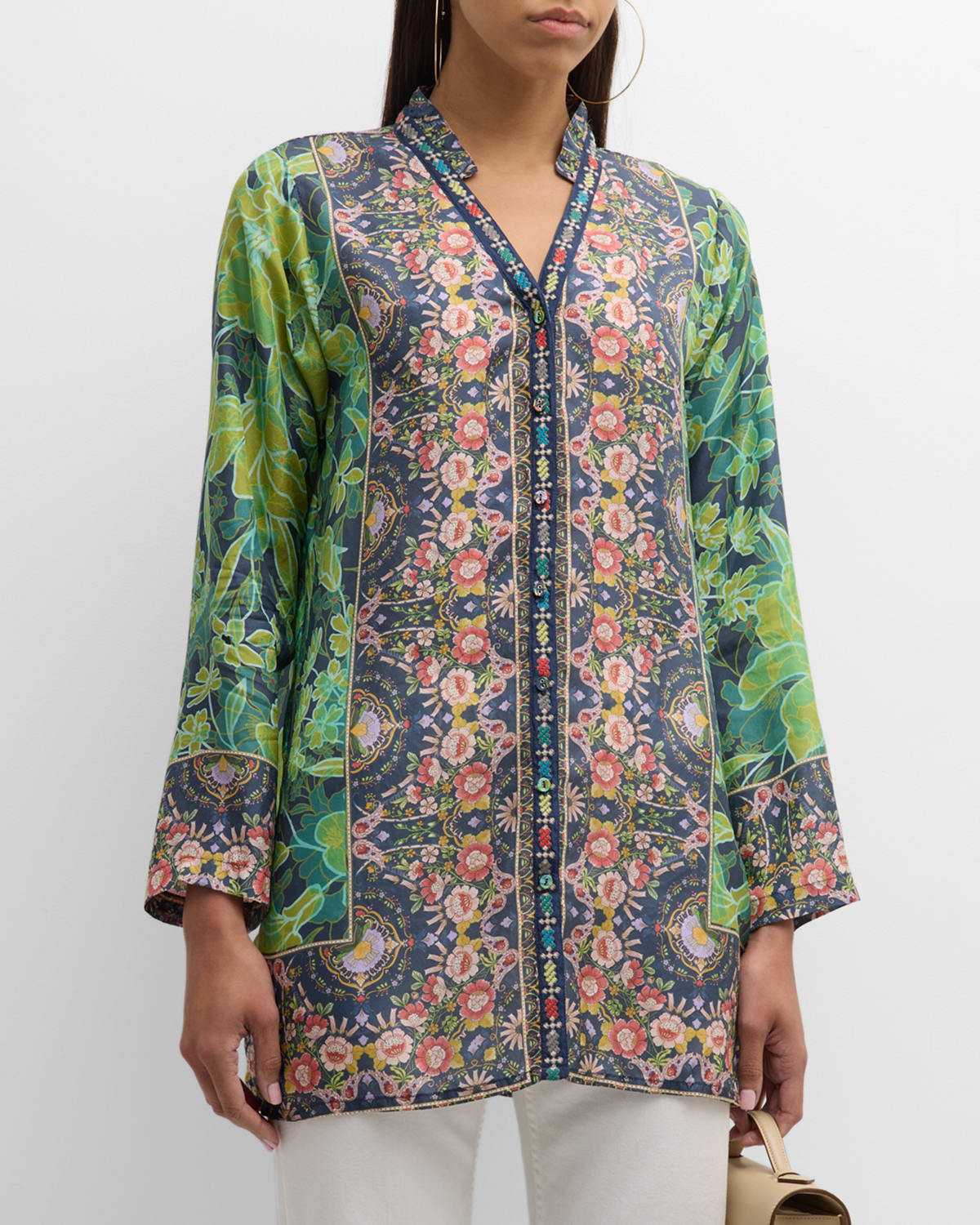 JOHNNY WAS HIRZ TALI FLORAL-PRINT EMBROIDERED-TRIM TUNIC