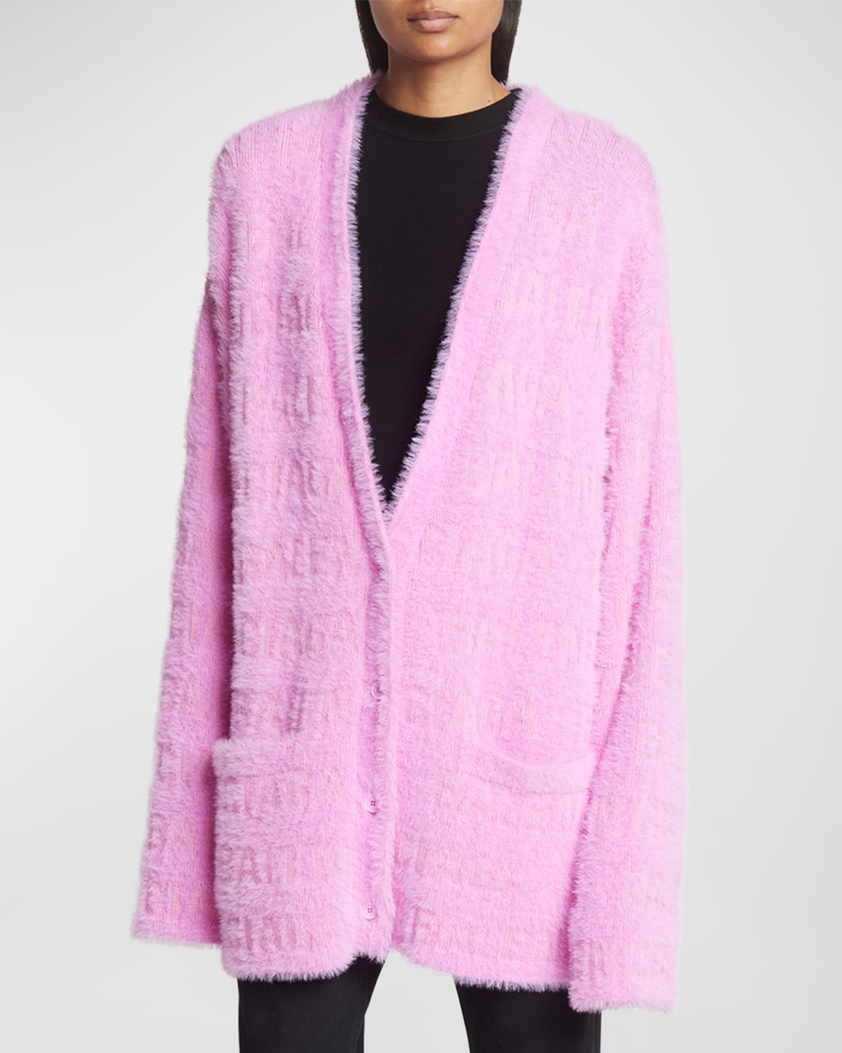Balenciaga Logo Horizontal Fuzzy V-neck Cardigan In 5000 Pink