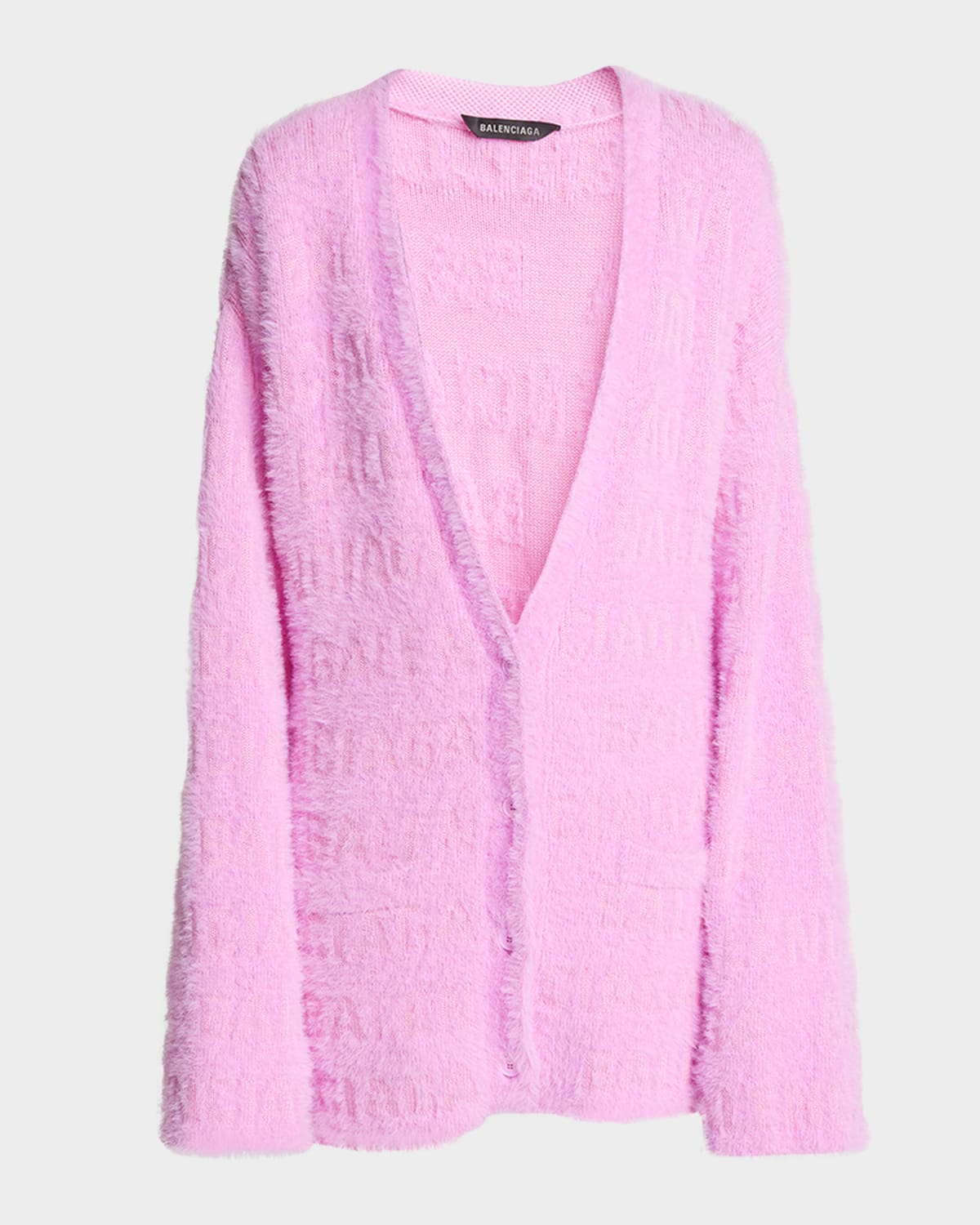 Balenciaga Pink Cardigan With All-over Logo Motif In Wool Blend Woman In Pink