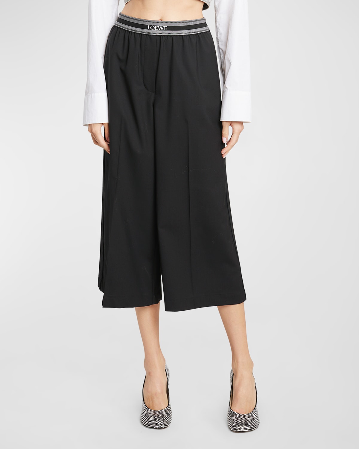Shop Loewe Logo Banded Cropped Trousers In Black
