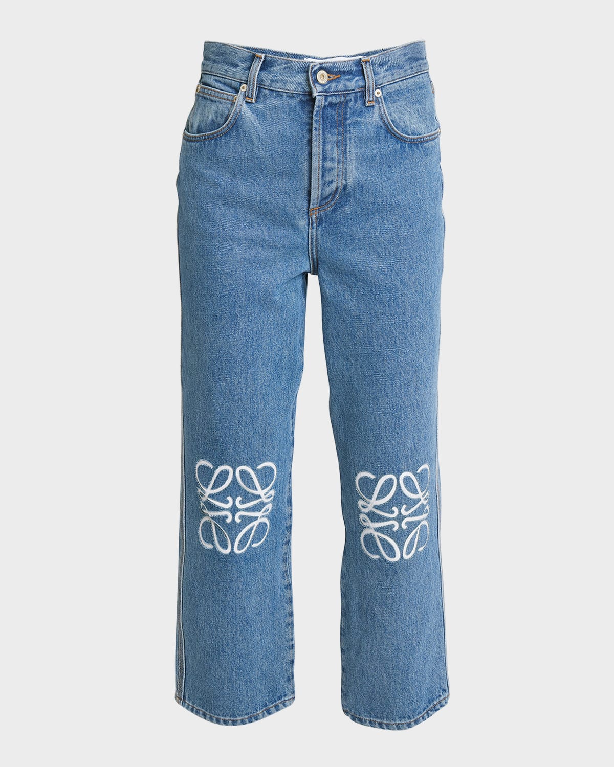 Shop Loewe Cropped Jeans With Anagram Knee Detail In Mid Blue D