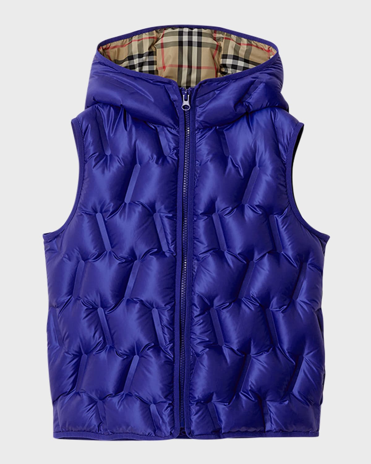 Shop Burberry Boy's Noah Check-lined Tufted Puffer Vest In Knight
