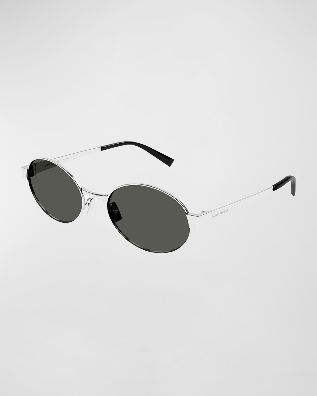 Saint Laurent Logo Metal Oval Sunglasses In Shiny Silver
