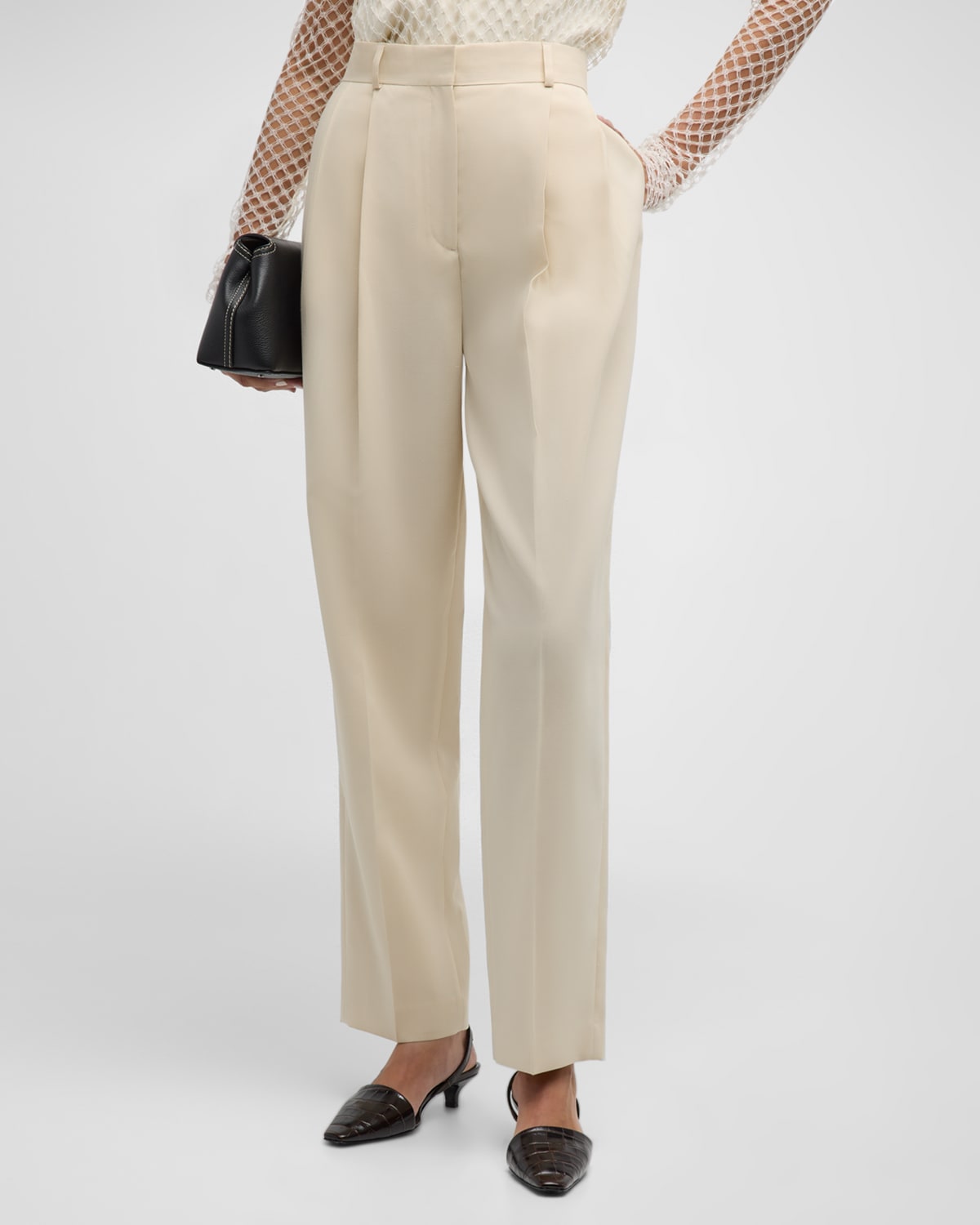 Shop Totême Mid-rise Double-pleated Straight-leg Tailored Trousers In Open White