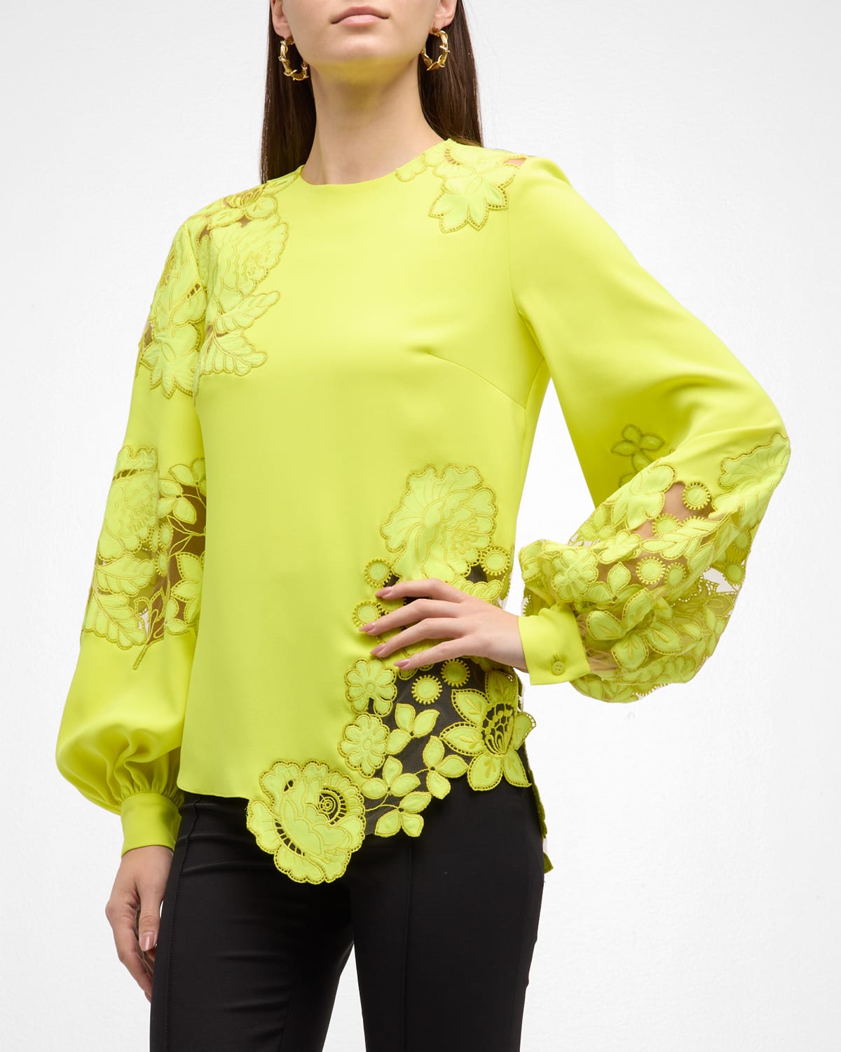 Mixed Botanical Embroidered Balloon-Sleeve Blouse