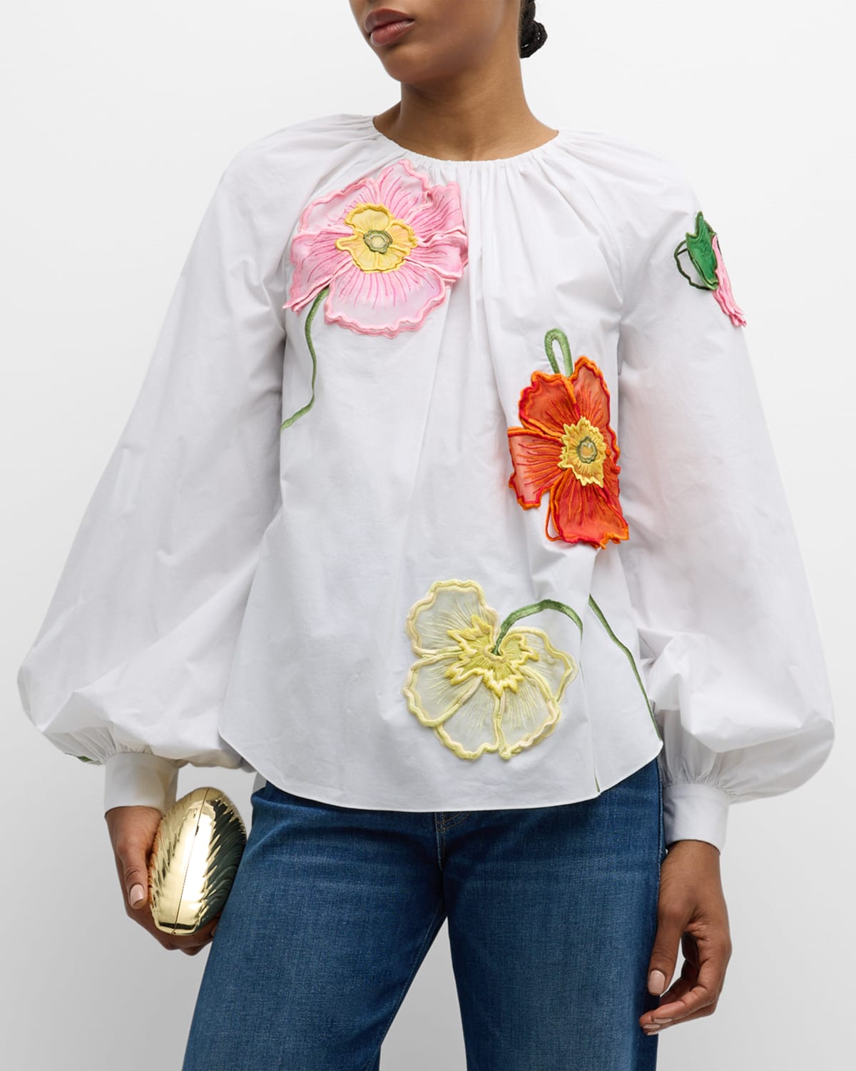 Poppy-Embroidered Long-Sleeve Oversized Cotton Blouse