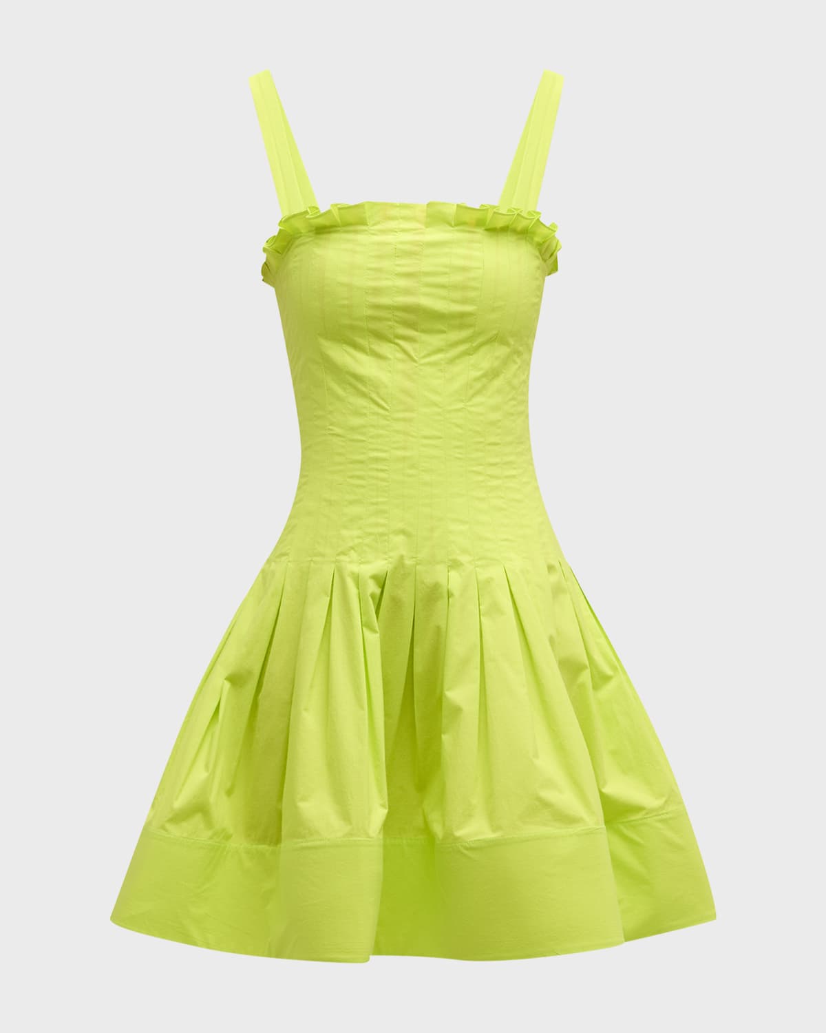 Oscar De La Renta Square-neck Pleated Poplin Sleeveless Mini Dress In Neon Yellow