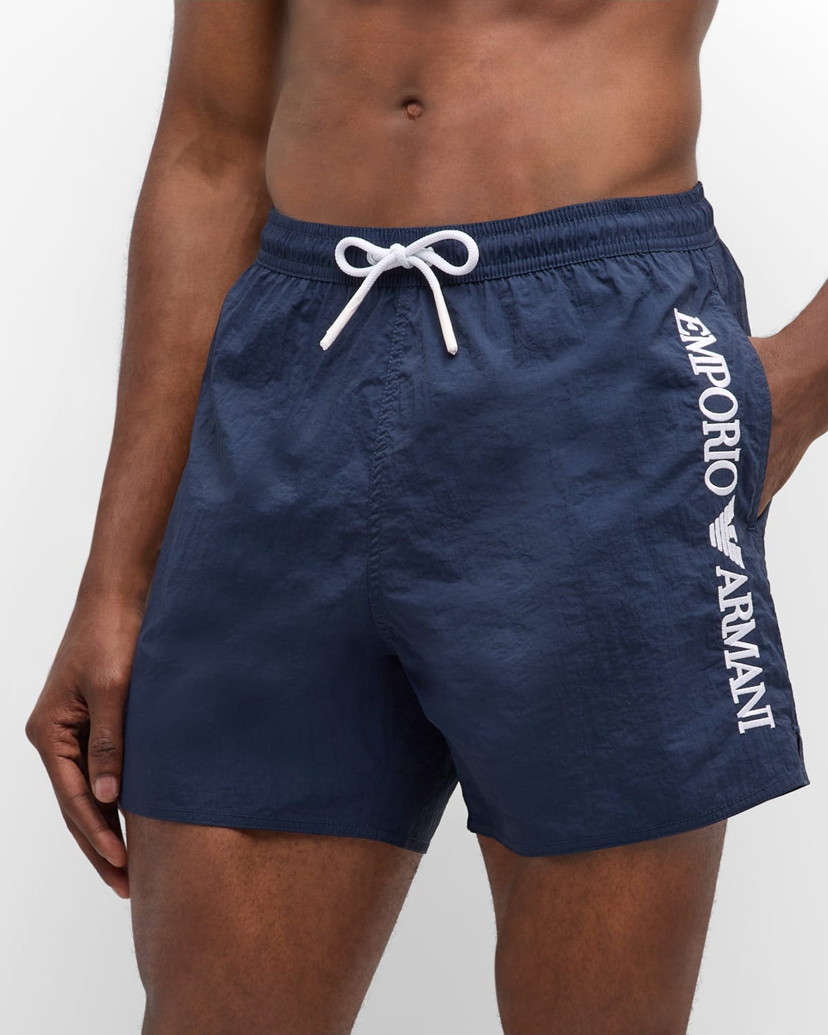 Shop Emporio Armani Men's Embroidery Logo Swim Trunks In Navy