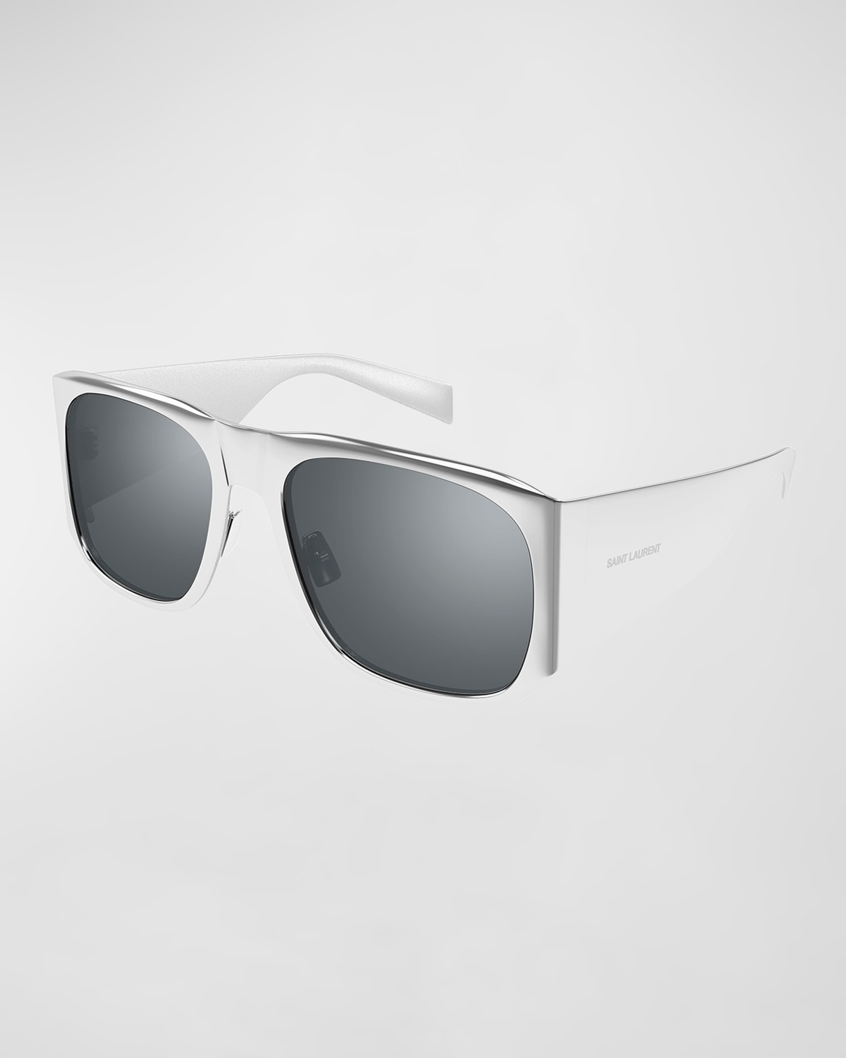 Shop Saint Laurent Men's Sl 636 Thick Metal Rectangle Sunglasses In Shiny Silver