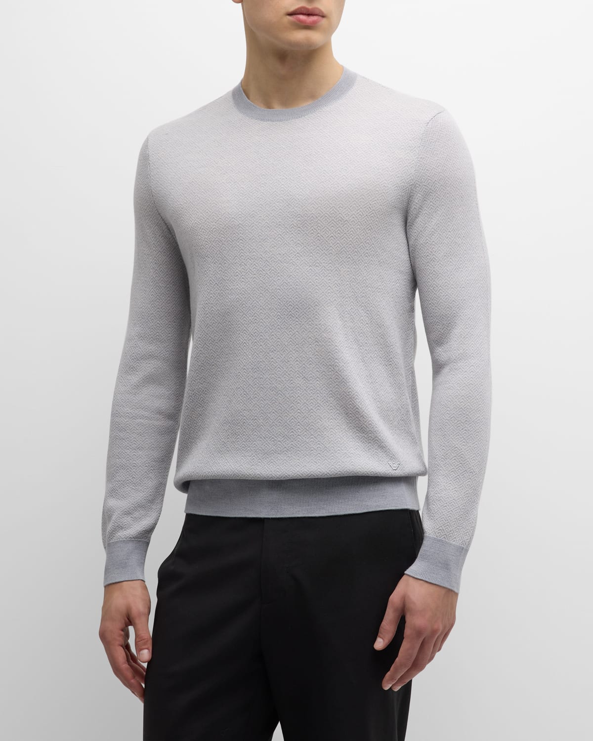 Emporio Armani Men's Wool Micro-geometric Knit Crewneck Sweater In Solid Light
