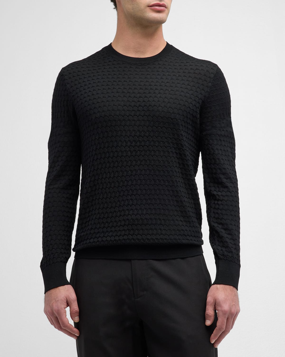 Shop Emporio Armani Men's Wool Scallop-textured Crewneck Sweater In Black