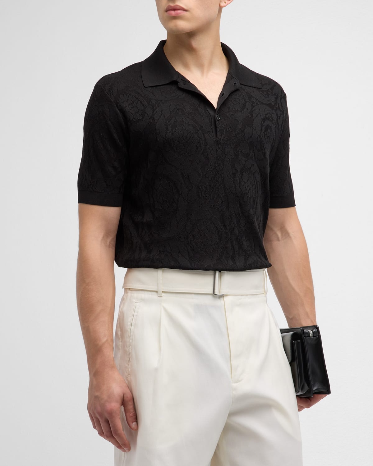 Shop Versace Men's Tonal Barocco Knit Polo Shirt In Black