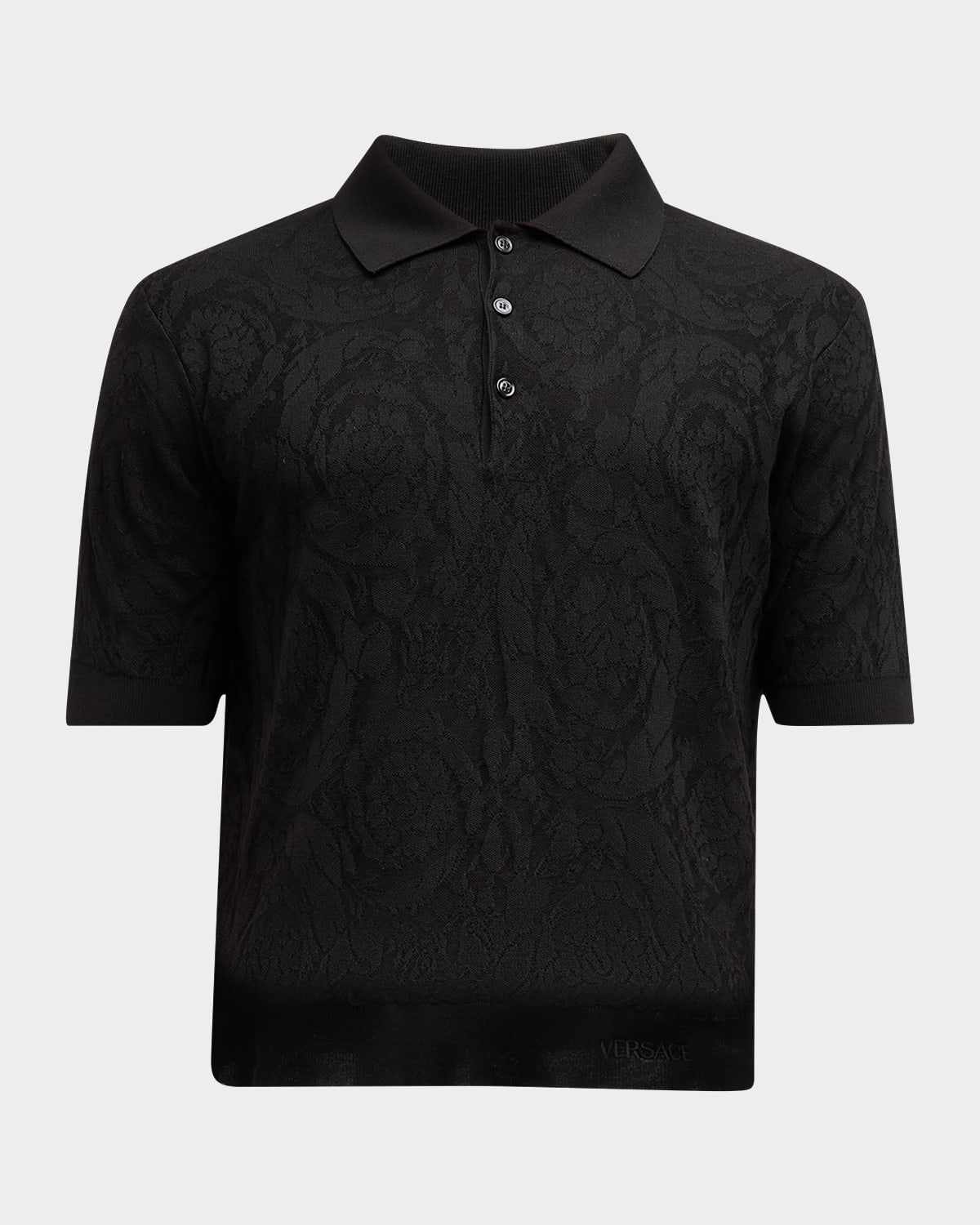 Shop Versace Men's Tonal Barocco Knit Polo Shirt In Black