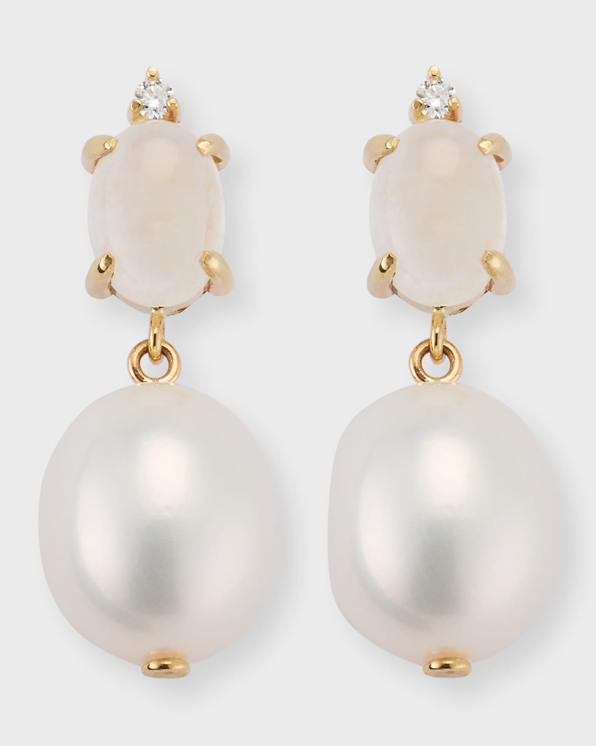 14k Yellow Gold Moonstone, Diamond, and Pearl Drop Earrings