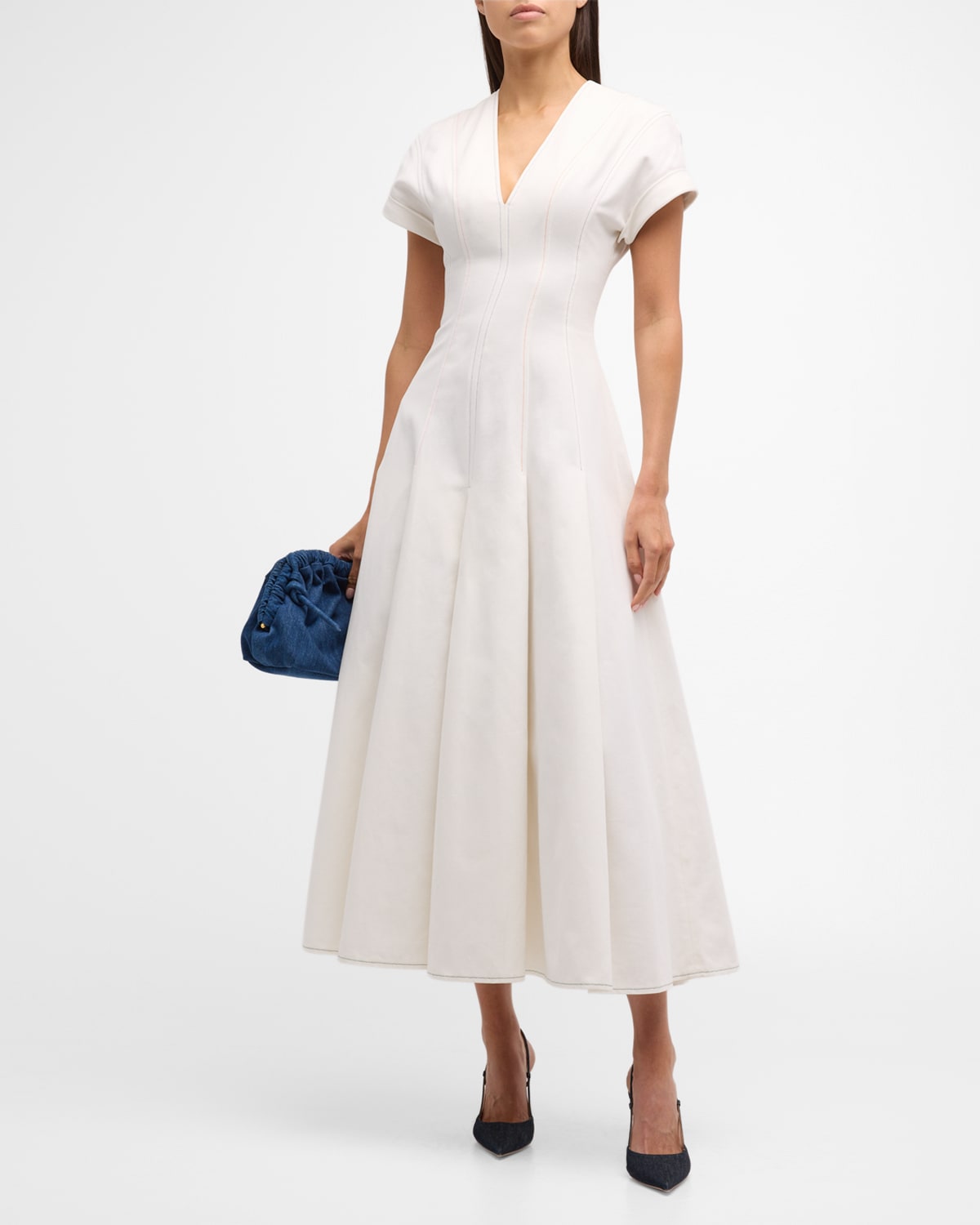 Jonathan Cohen Cap-sleeve Midi Dress With Colourful Stitch Details In White