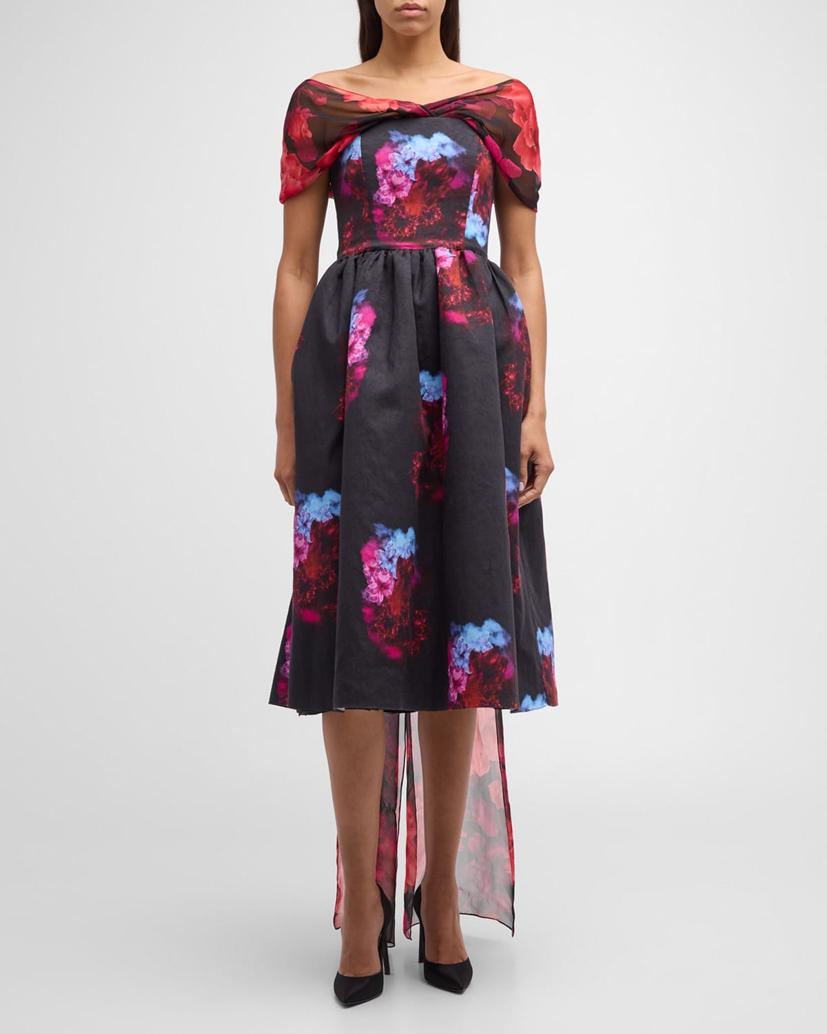 Shop Jonathan Cohen Floral Print Off-shoulder Midi Dress With Cape Back In Black