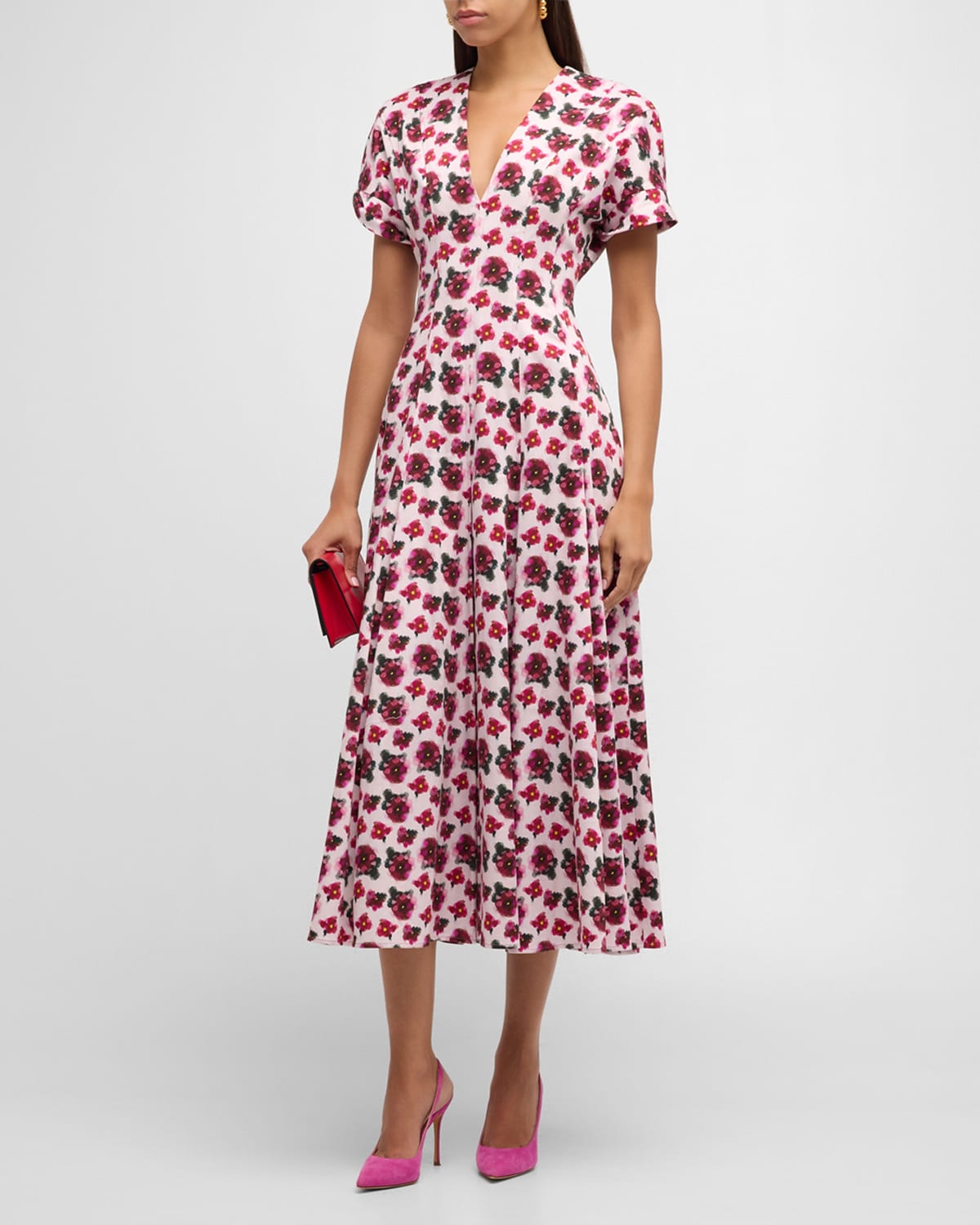 Jonathan Cohen Floral Pleated V-neck Midi Dress In Pink