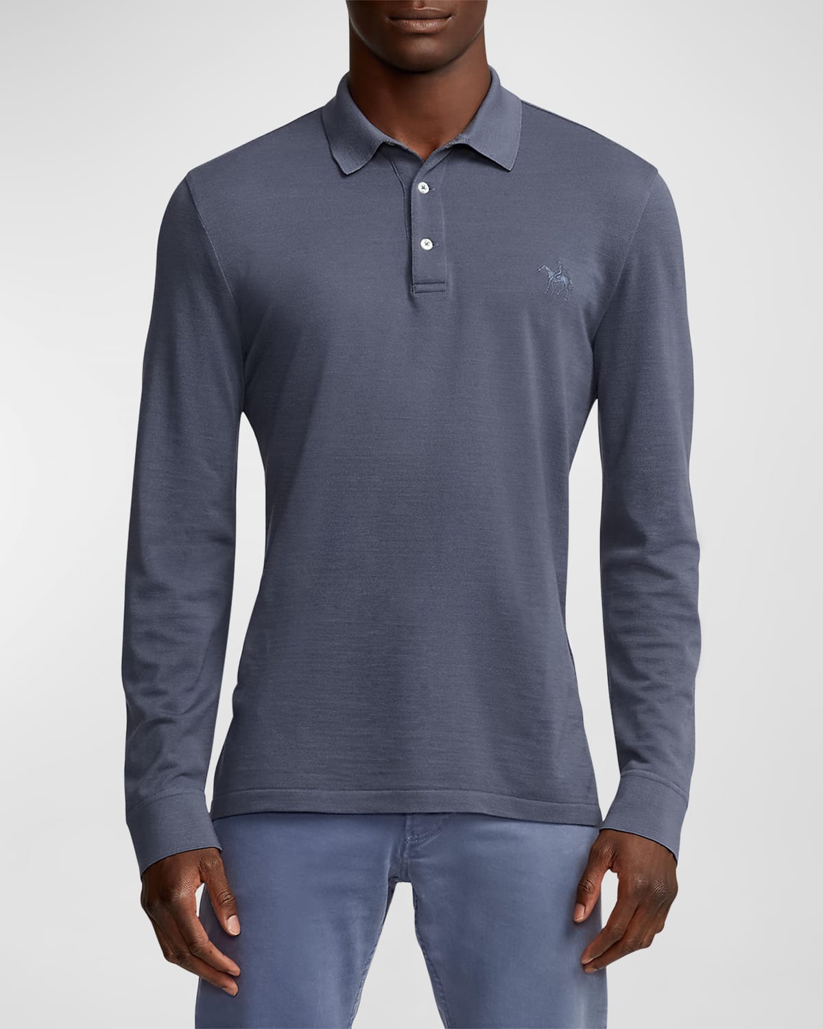 Ralph Lauren Purple Label Men's Piqué Wool Long-sleeve Polo Shirt In Supply Blue
