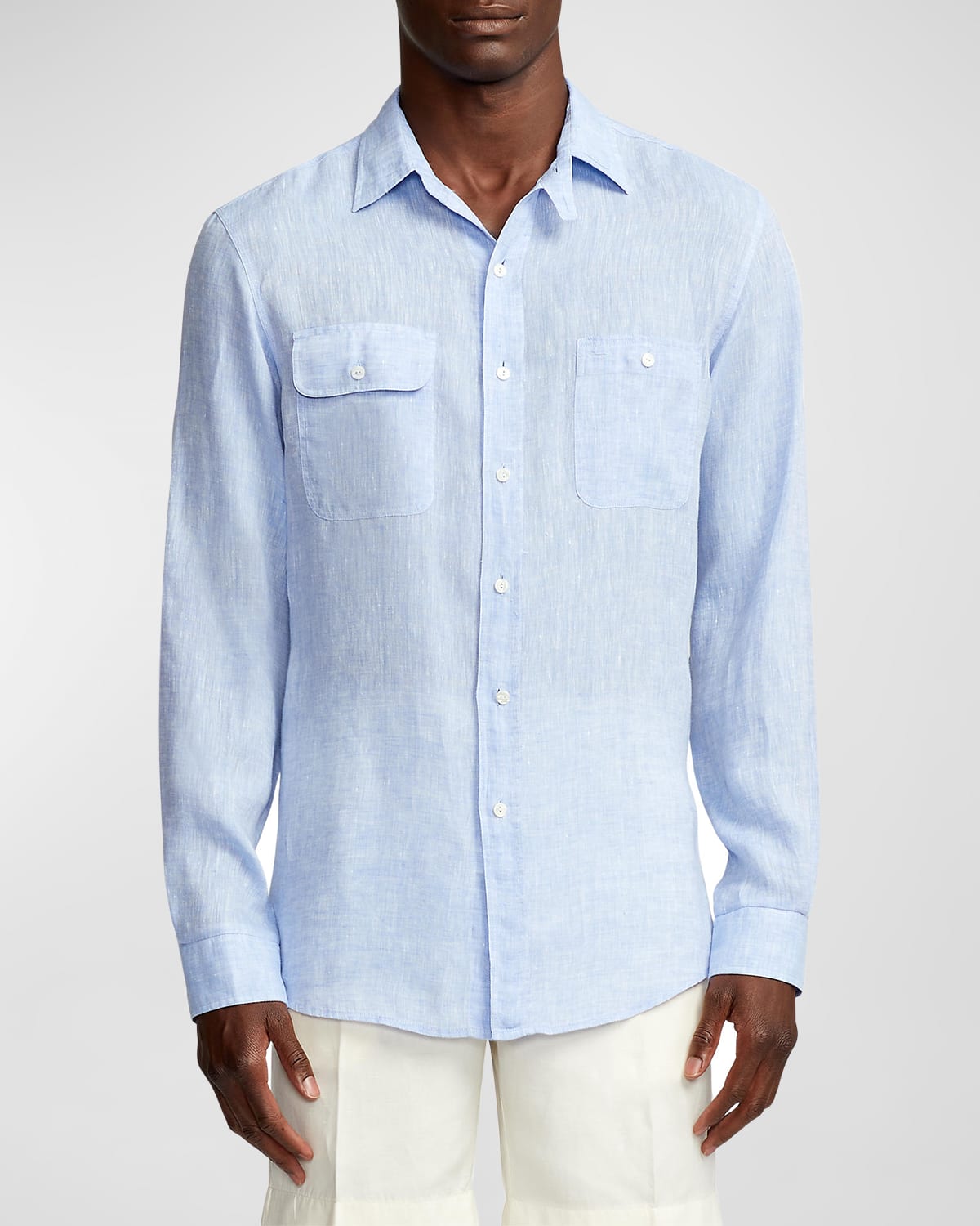 Ralph Lauren Purple Label Men's Chambray Linen Long-sleeve Shirt In Blue