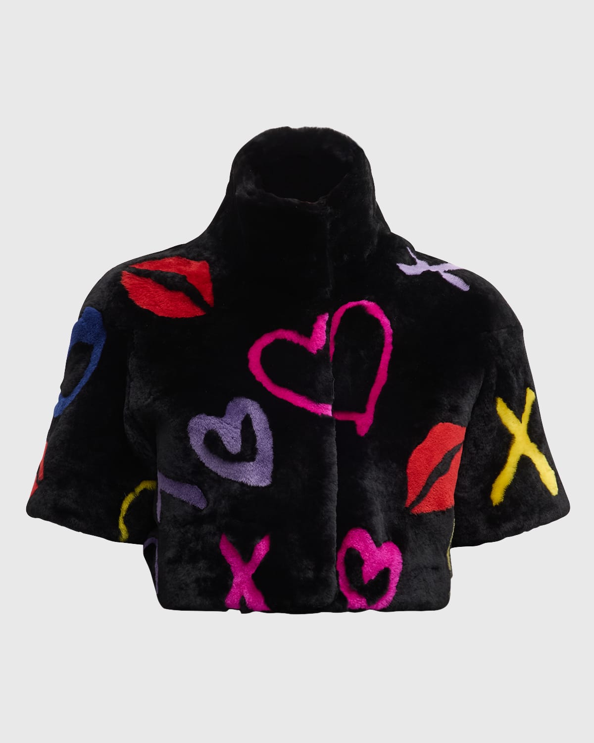 Gorski Xo Short-sleeve Crop Lamb Shearling Bolero In Blackxo Multi
