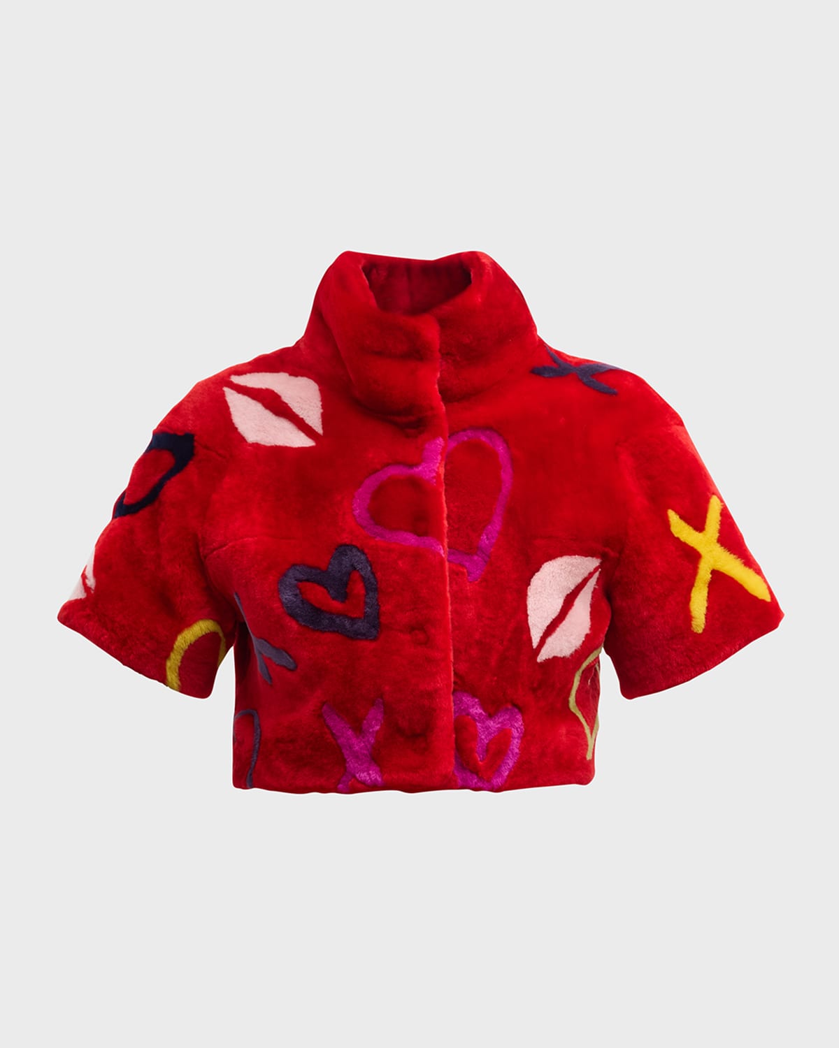 Gorski Xo Short-sleeve Crop Lamb Shearling Bolero In Redxo Multi